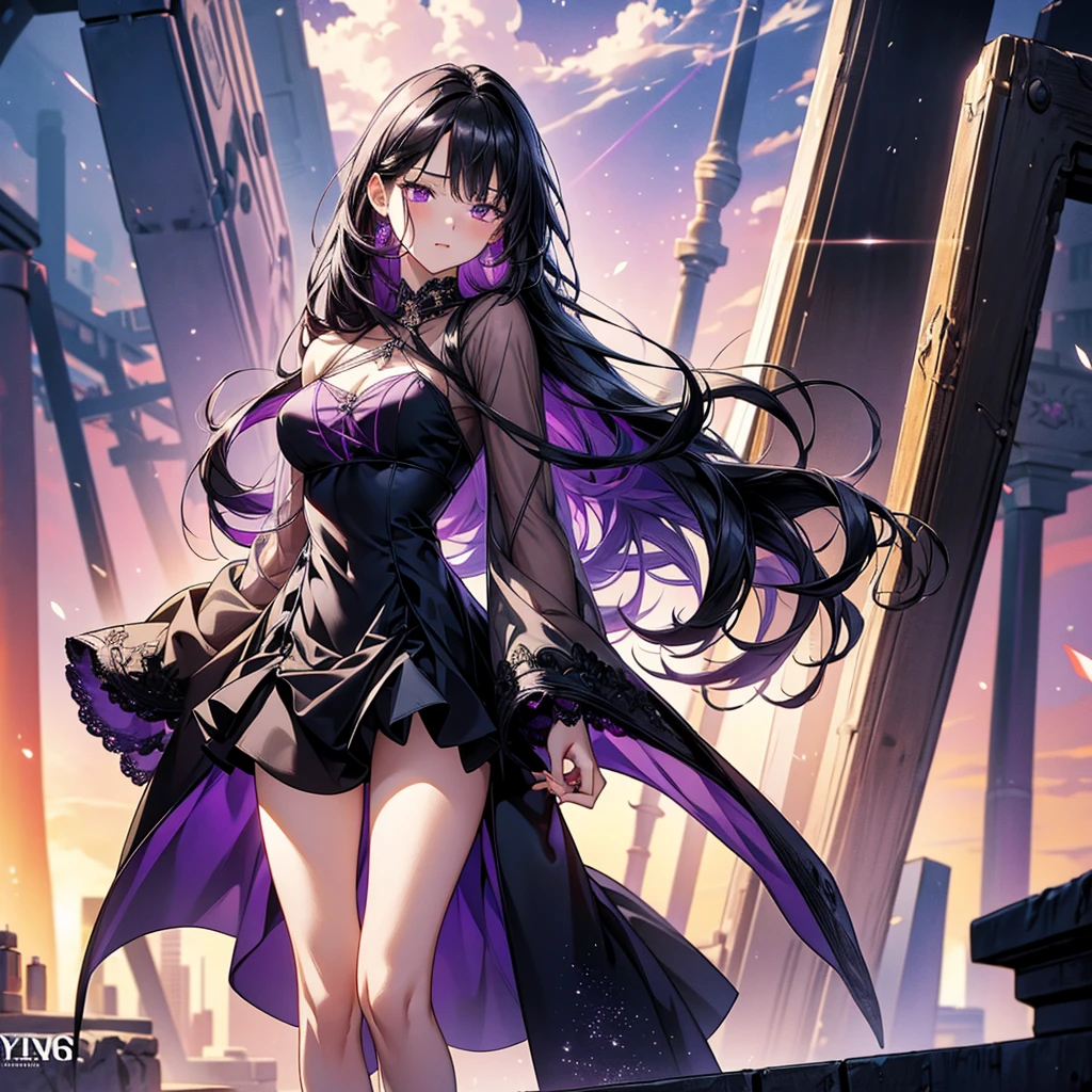 illustration, best quality, ultra-detailed, ,Chica presiosa, amorosa y radiante, more prism, vibrant color, ,an anime girl with long dark hair and a cross necklace in a big city, breasts, long hair, looking at viewer, black hair, hair ornament, bare shoulders, collarbone, upper body, 1girl, cleavage, off shoulder, jacket, open clothes, halterneck, solo, hairclip,