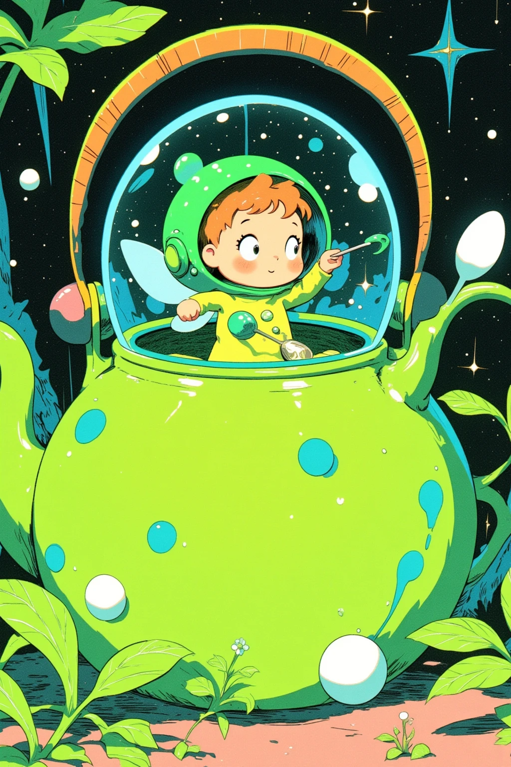  storybook illustration, picture of a green teapot with a little fairy and spoon inside,  close-up view ,  close-up view ,  60's cartoon space helmet ,  closeup shot ,  full color illustration,  Additional Details ,  60's style cartoon fairy , s Picture Book Cover , Close-up,  close-up view , mid closeup , medium  closeup shot ,cartoon pop ,feathered fairy