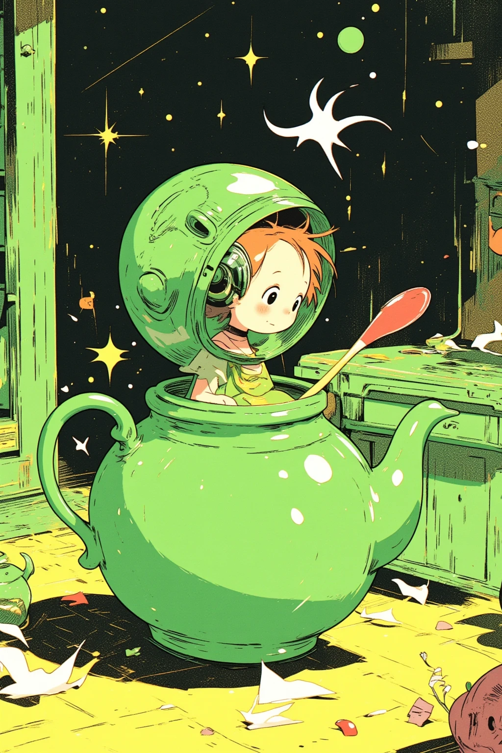  storybook illustration, picture of a green teapot with a little fairy and spoon inside,  close-up view ,  close-up view ,  60's cartoon space helmet ,  closeup shot ,  full color illustration,  Additional Details ,  60's style cartoon fairy , s Picture Book Cover , Close-up,  close-up view , mid closeup , medium  closeup shot ,cartoon pop ,feathered fairy