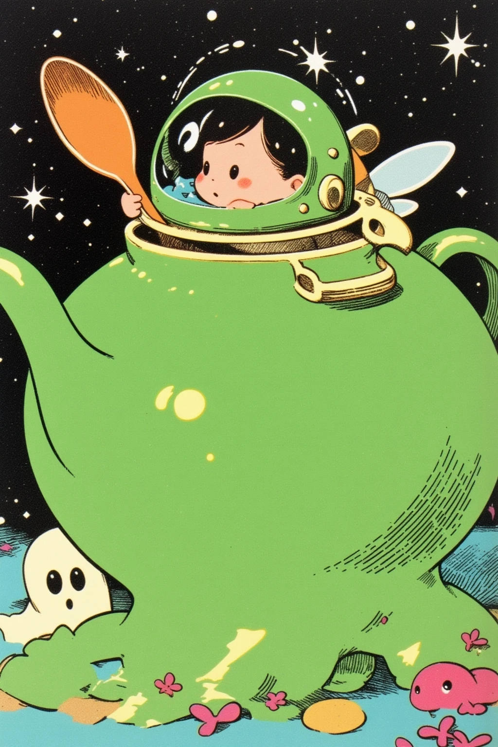  storybook illustration, picture of a green teapot with a little fairy and spoon inside,  close-up view ,  close-up view ,  60's cartoon space helmet ,  closeup shot ,  full color illustration,  Additional Details ,  60's style cartoon fairy , s Picture Book Cover , Close-up,  close-up view , mid closeup , medium  closeup shot ,cartoon pop ,feathered fairy