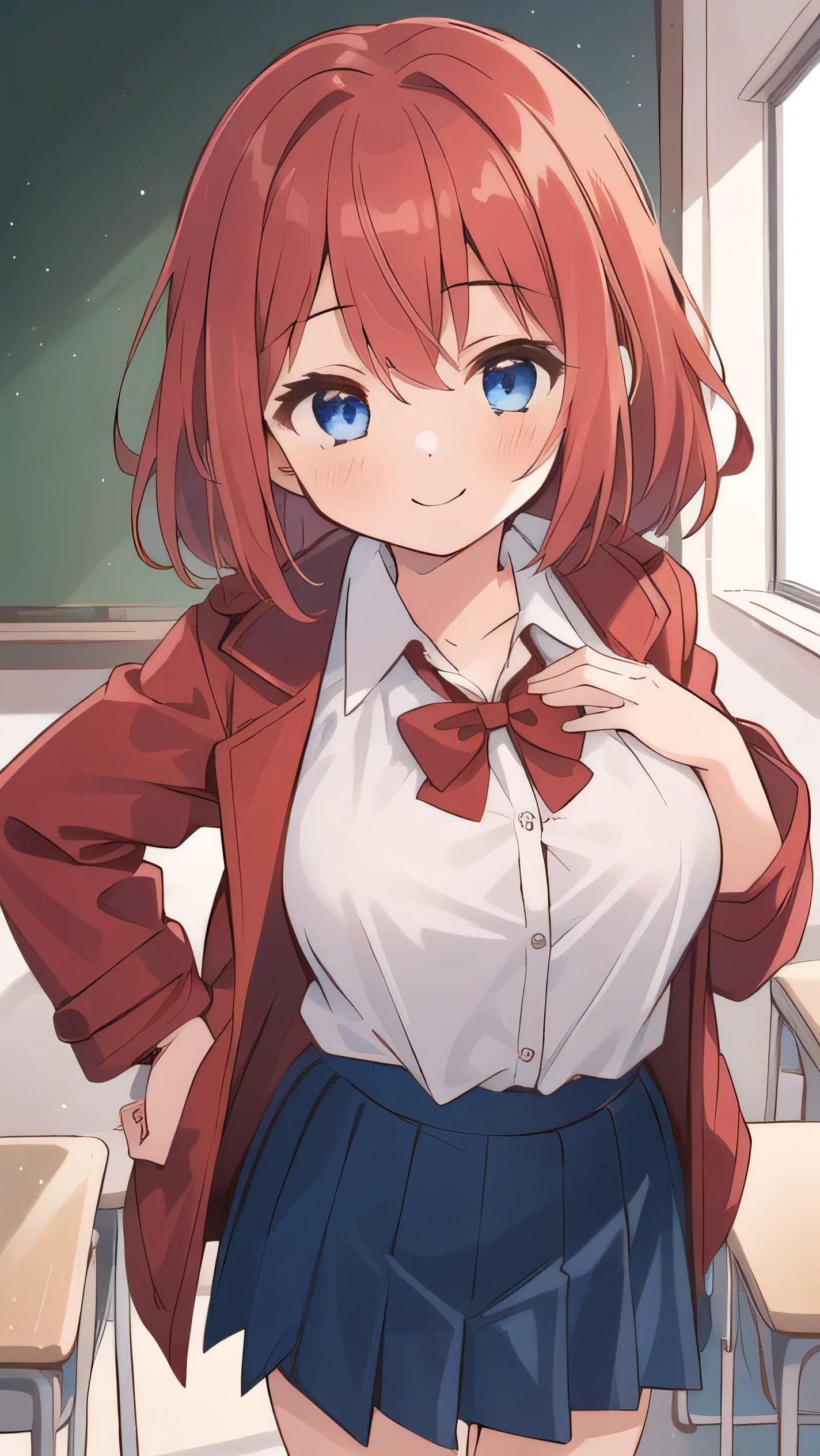Big breasts, red hair, blue eyes, droopy eyes, red jacket, long sleeves, navy skirt, elementary school student, super big breasts, (medium hair: 1), baggy clothes, elementary school student, young face, short height, 10 years old, old, shy Agari, smiling a little, trying to unbutton his shirt in the classroom, white shirt, soft hair,straight hair
