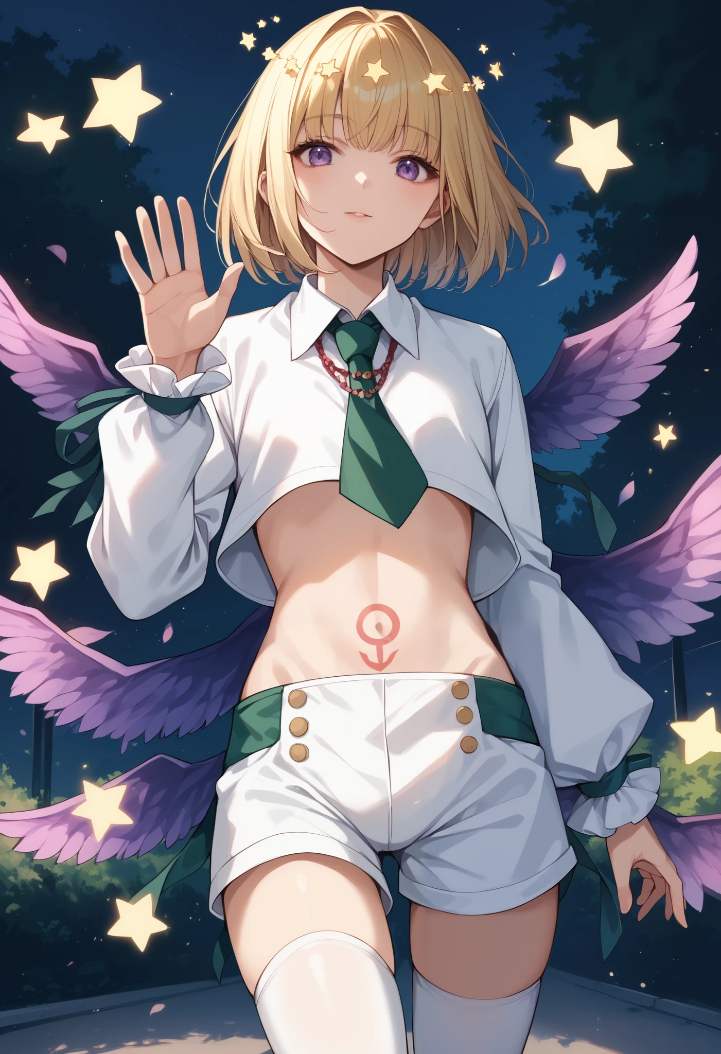 score_9,score_8_up,score_7_up,source_anime,masterpiece,best quality,park,night,dynamic_angle,solo,rche_bemani,otoko no ko,purple eyes,blonde hair,short hair,(star (symbol):1.1),wings,multiple wings,halo,ribbon,(wrist ribbon:1.1),crop_top,white shirt,long sleeves,green necktie,shorts,white shorts,thighhighs,stomach tattoo,navel,midriff,cowboy_shot,looking_at_viewer,standing,waving,red necklace,