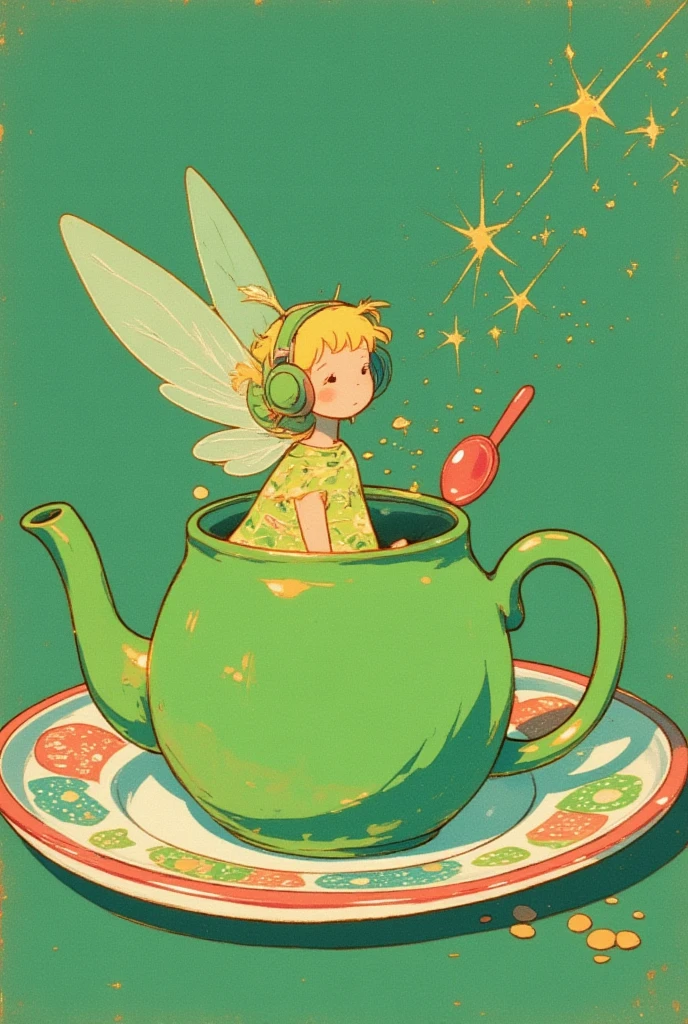  storybook illustration, picture of a green teapot with a little fairy and spoon inside,  close-up view ,  close-up view ,  60's cartoon space helmet ,  closeup shot ,  full color illustration,  Additional Details ,  60's style cartoon fairy , s Picture Book Cover , Close-up,  close-up view , mid closeup , medium  closeup shot ,cartoon pop ,feathered fairy