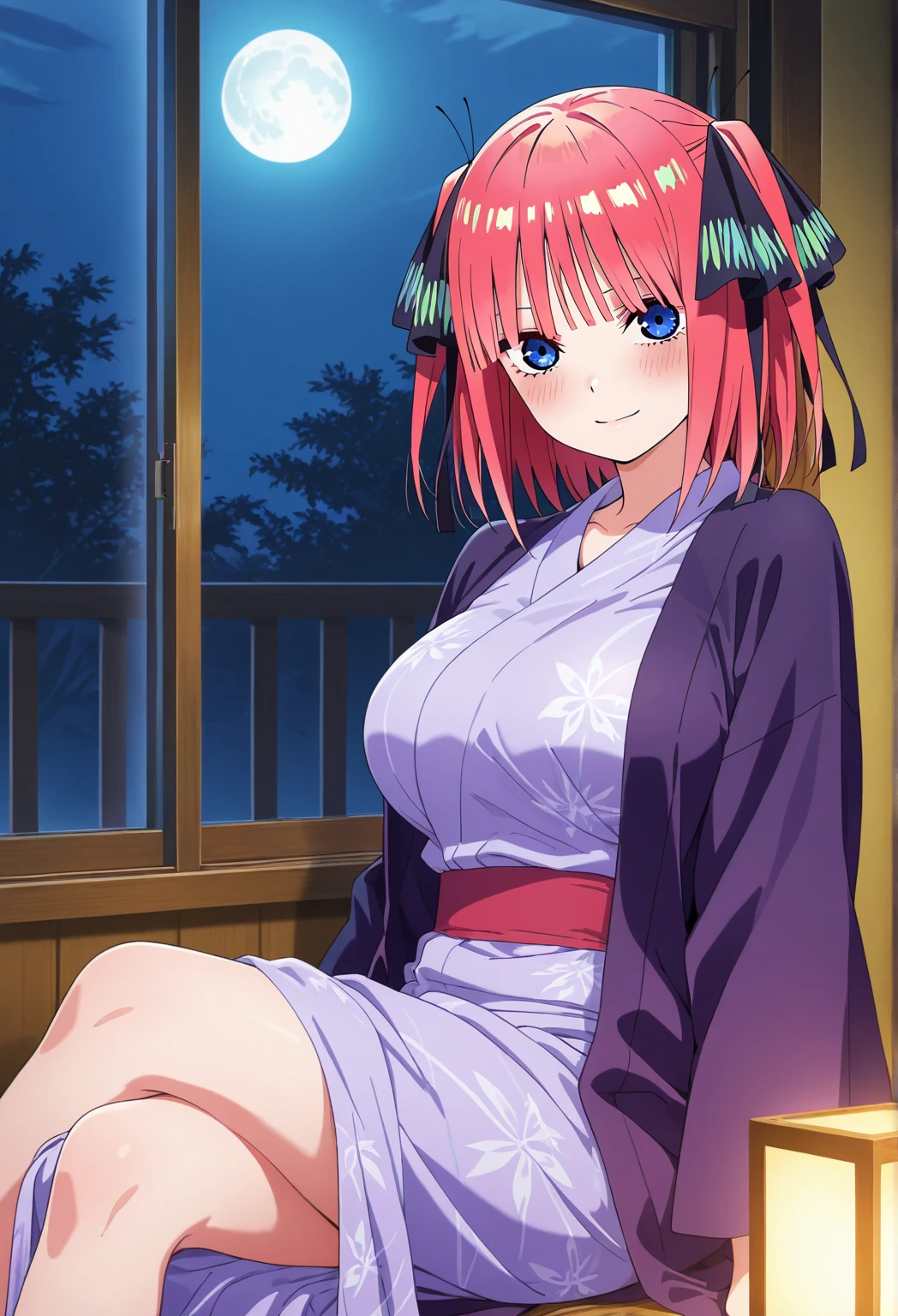 best quality, insanely detailed, nino nakano, kimono, breasts, blush, outdoor background, pussy, spread legs, backstyle