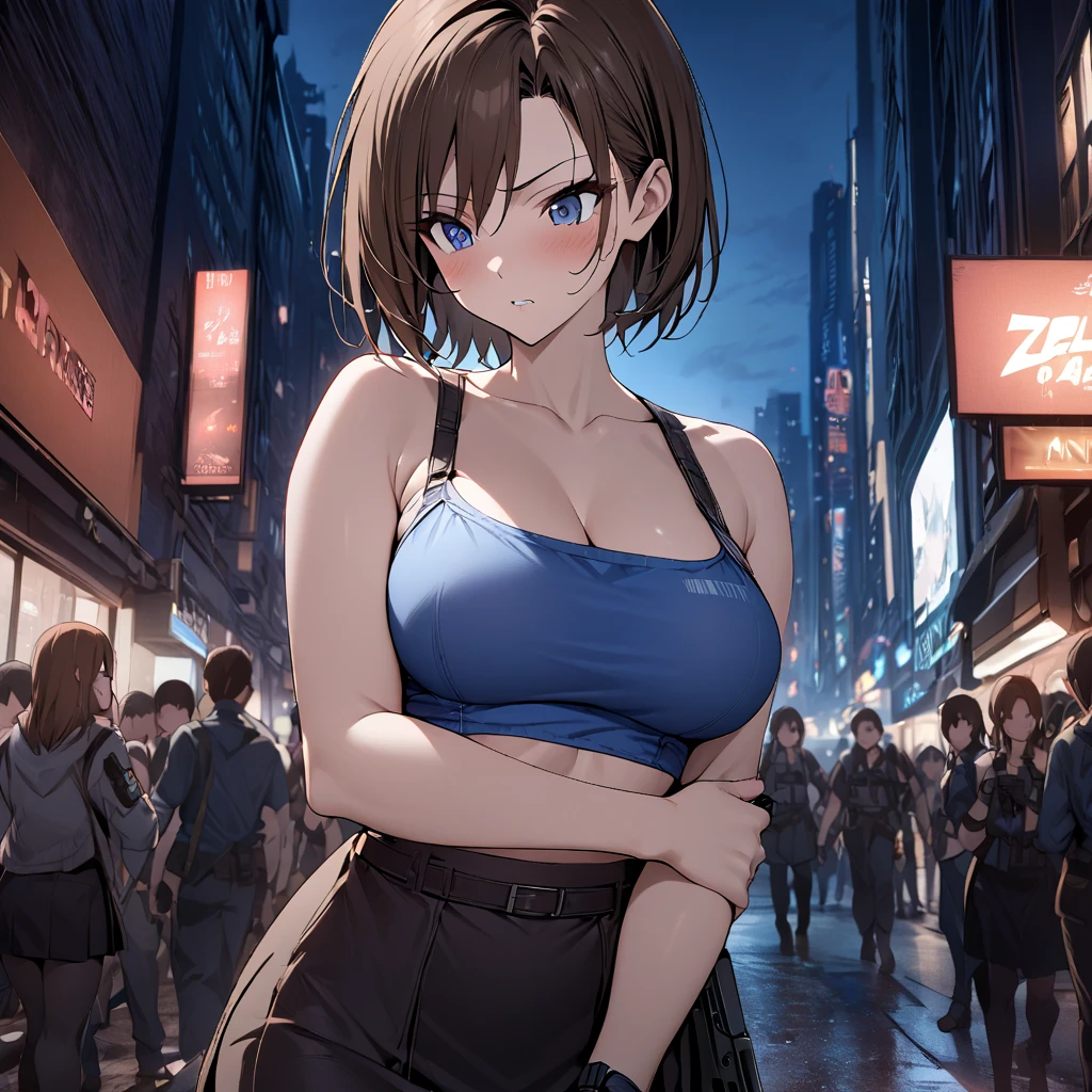   One Girl  ,  Masterpiece ,  highest image quality taken by Ki、 Jill Valentine、 high res、 in the city at night、Brown Hair、 Shorthair、Hold a handgun、 Blue Tube Top 、 black skirt、 zombies