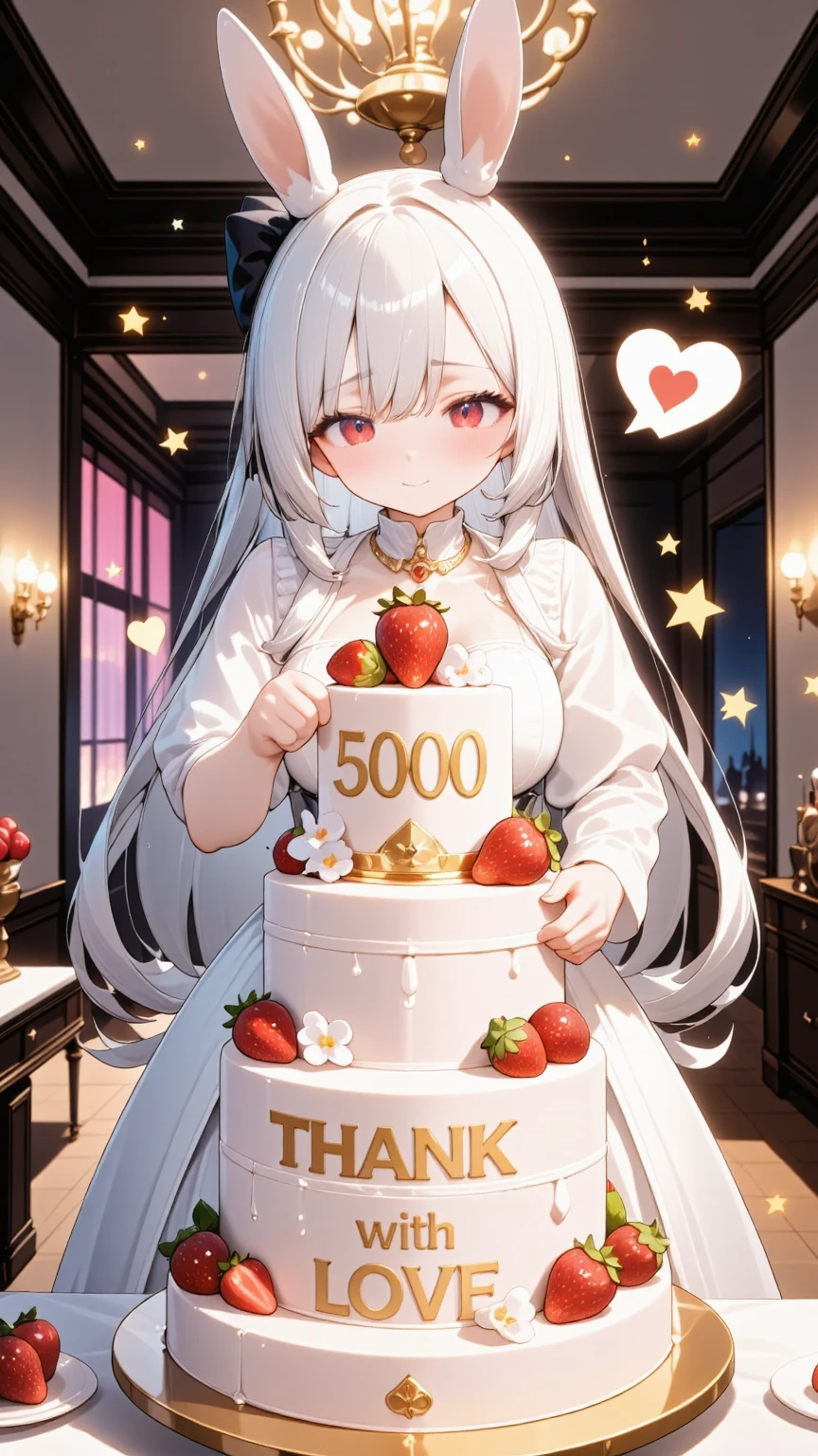 text on cake say "5000 THANK with LOVE".  rabbit girl\(chibi,cute, kawaii,red eyes,white rabbit ears, wearing pretty white dress embroidered with shiny white silk, luxuriously braided long white hair, big black hair bow, bangs, idol, looking at cake, put strawberry on cake, smiling\) making huge gigantic multilevel decorated cake\(with fresh strawberry and colorful rose\).decorated party room.newest anime style.Perfect hand,Detailed hand. focus on the cake, beautiful bokeh,vivid lighting. chandelier. colorful cute image.  colorful heart notes and star notes.