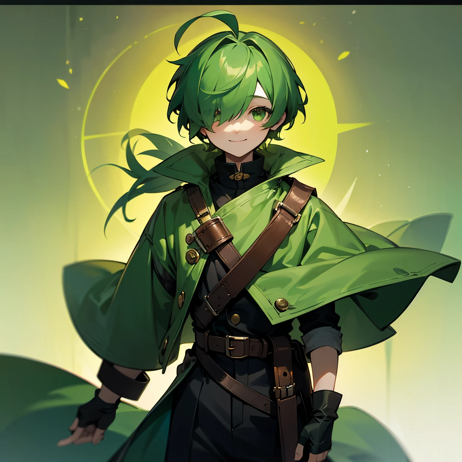 (boy), Dryad, green hair, green eyes, short cut, side part, ahoge, hair over one eye, thin eyebrows, smiling, young, alone, short, Shota, overall, coat, long boots, wide pants, harness, fingerless glove, belt,  Solo, upper body
