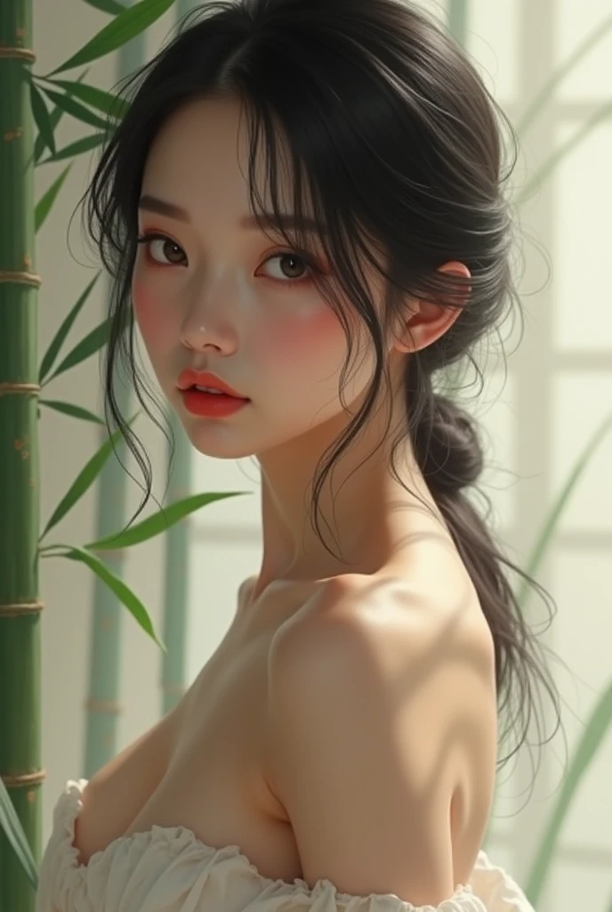 soft_light, (Masterpiece: 1.5), (Best Quality: 1.5), High Resolution, High Detail, nude (Japanese MILF beauty, slanted Asian eyes:1.35), Solo, Skin Highlight, Sharpen, Clear, straight hair, ponytail, multicolored blond hair, Jewelry, bracelet, earrings, pale skin, smile, jungle ruins, wearing nothing, (flat_chested, butt_freckles, thighs, freckles)