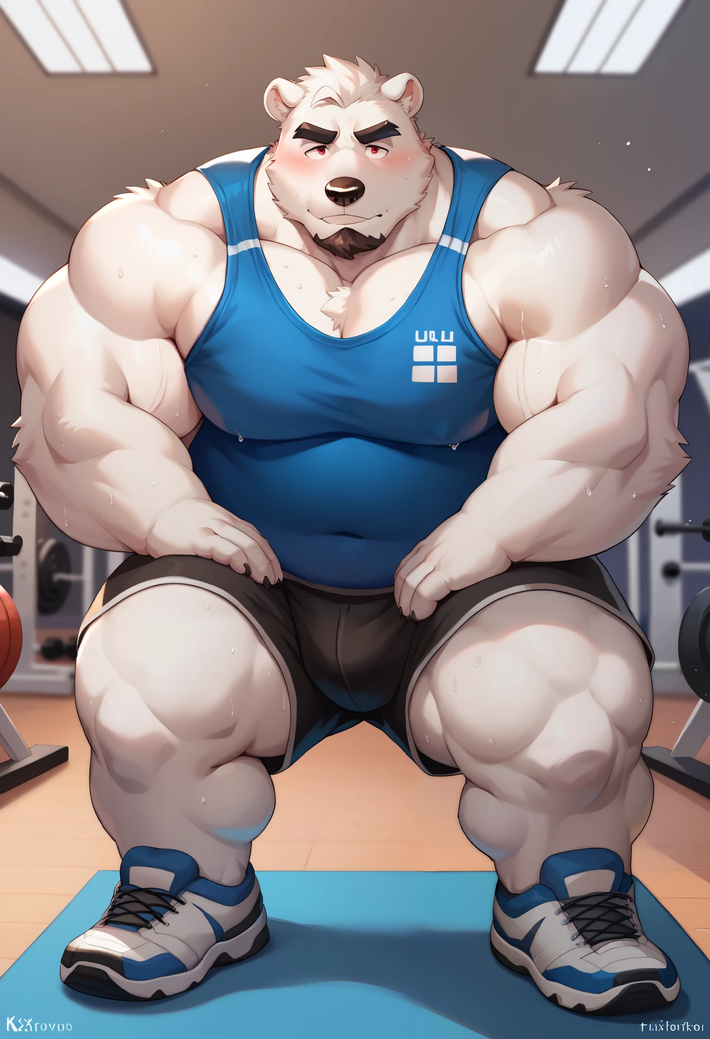 New Jersey 5 Furry,(polar bear)，Solitary，Wildlife，Chubby body，Strong muscles，Thick Arms，luxurious，Chubby cheeks，beard，Mature，Uncle，Black eyebrows，Red Eyes，Shy expression，（Black shorts，Blue short sleeve），（Gym），exercise，（Sweat）,From Zixiong, Takemoto Arashi