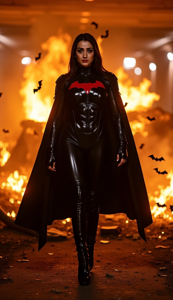 Design an image of Trisha Krishnan as Batwoman. She is wearing a black armored suit with a red bat emblem and a flowing cape. The underground setting is ablaze, with burning computer screens, broken gadgets, and bats flying through the smoky atmosphere. Trisha stands confidently amidst the flames, her cape flowing dramatically. She gazes at the camera with a mysterious and resolute expression, embodying cinematic intensity