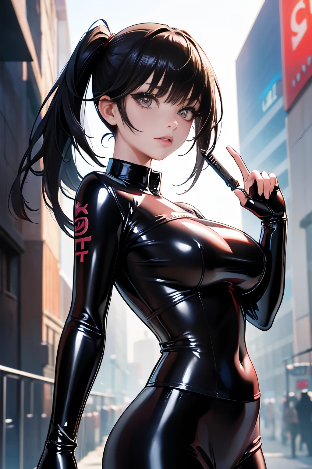 Optimal，masterpiece， high res， top quality ，Hyper HD， super detailed ，Awards，16k，Alone，（ upper body）， See Correct Anatomy ， A Beautiful Cyberpunk Girl， cowboy shooting、 cute face，， black hair、 twin tails、Hairline，（ odd-eye），  long eyelashes， the outer corner of the eye is lowered， white skin，(( face forward)), ((Shooting from the front:1.5)), ((latex shirt bondooge:1.5)), ((Yoga pants)), rocket , ((Big Breasts:1.2))