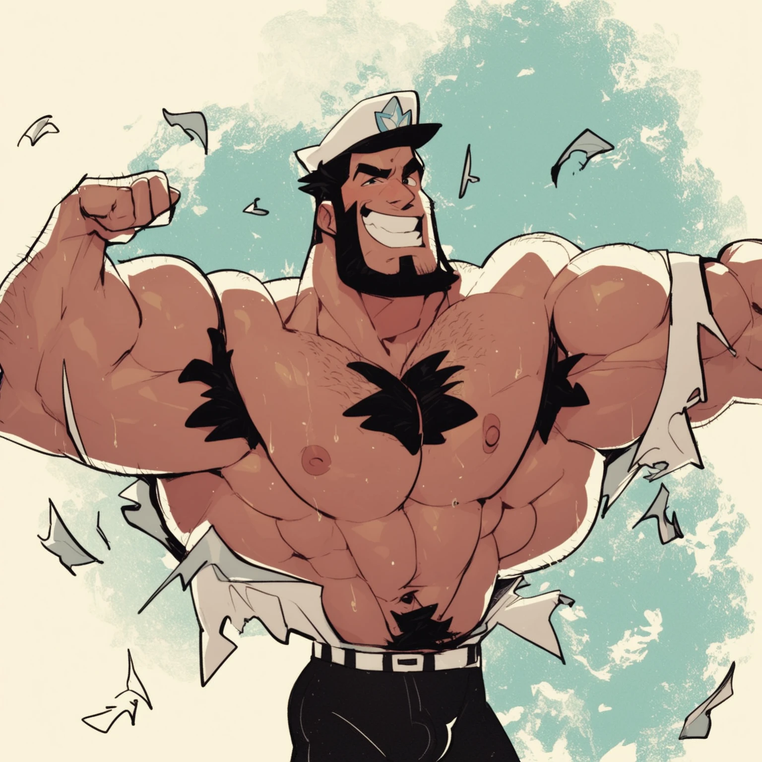 Sea captain flexing huge muscles hairy muscles with bulge in pants. Huge pecs. Very sweaty. Perfect face. Dots for eyes. Ripped shirt, cartoons style