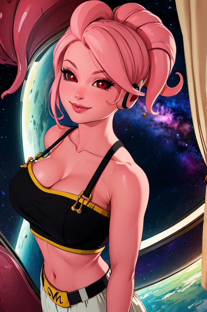 Fmajin,(pink skin:1.1),pink tentacle hair,smiling,(black sclera:1.2),red red eyes,tentacle hair,round ears,
baggypants,belt,black tube top,midriff,cleavage,bare shoulders,alien,M,shouler holes,
standing,no nose,
stars,space,milky way,
(insanely detailed, beautiful detailed face, masterpiece, best quality),solo,