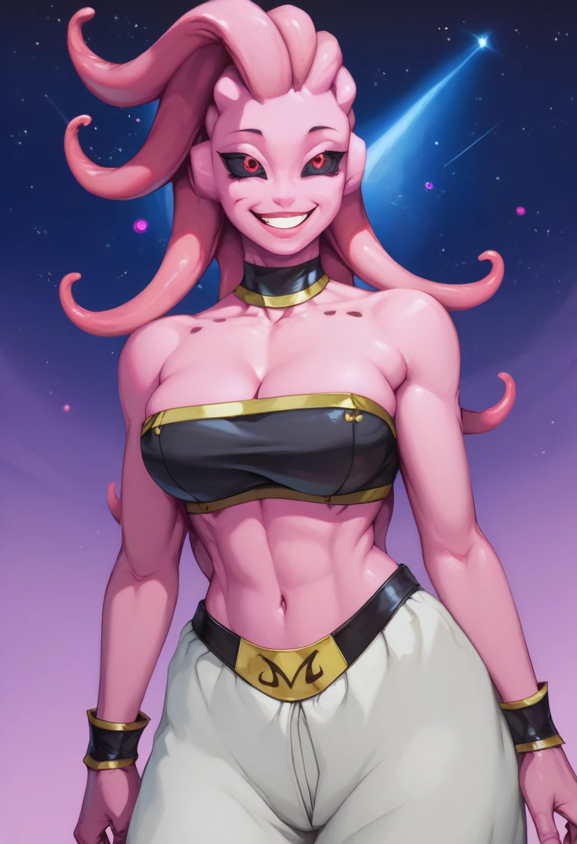 Fmajin,(pink skin:1.1),pink tentacle hair,smiling,(black sclera:1.2),red red eyes,tentacle hair,round ears,
baggypants,belt,black tube top,midriff,cleavage,bare shoulders,alien,M,shouler holes,
standing,no nose,
stars,space,milky way,
(insanely detailed, beautiful detailed face, masterpiece, best quality),solo,