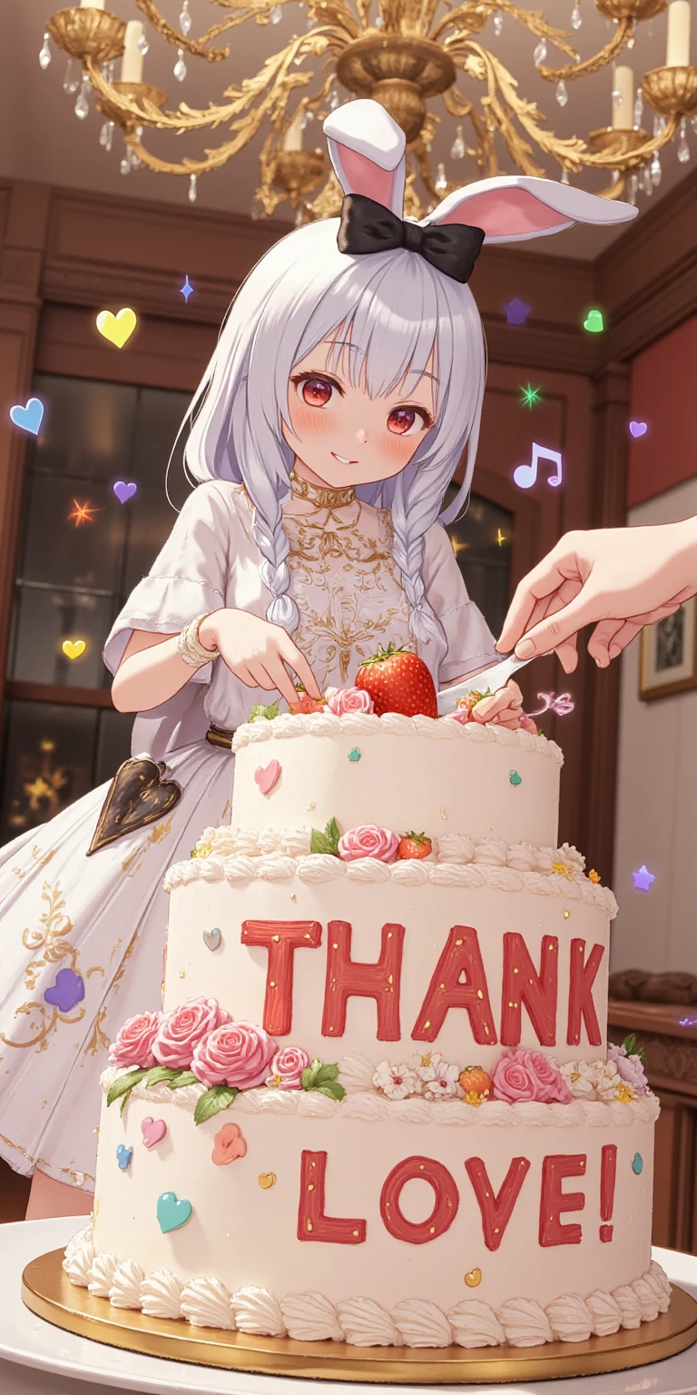 text on cake say "5000 THANK with LOVE".  rabbit girl\(chibi,cute, kawaii,red eyes,white rabbit ears, wearing pretty white dress embroidered with shiny white silk, luxuriously braided long white hair, big black hair bow, bangs, idol, looking at cake, put strawberry on cake, smiling\) making huge gigantic multilevel decorated cake\(with fresh strawberry and colorful rose\).decorated party room.newest anime style.Perfect hand,Detailed hand. focus on the cake, beautiful bokeh,vivid lighting. chandelier. colorful cute image.  colorful heart notes and star notes.