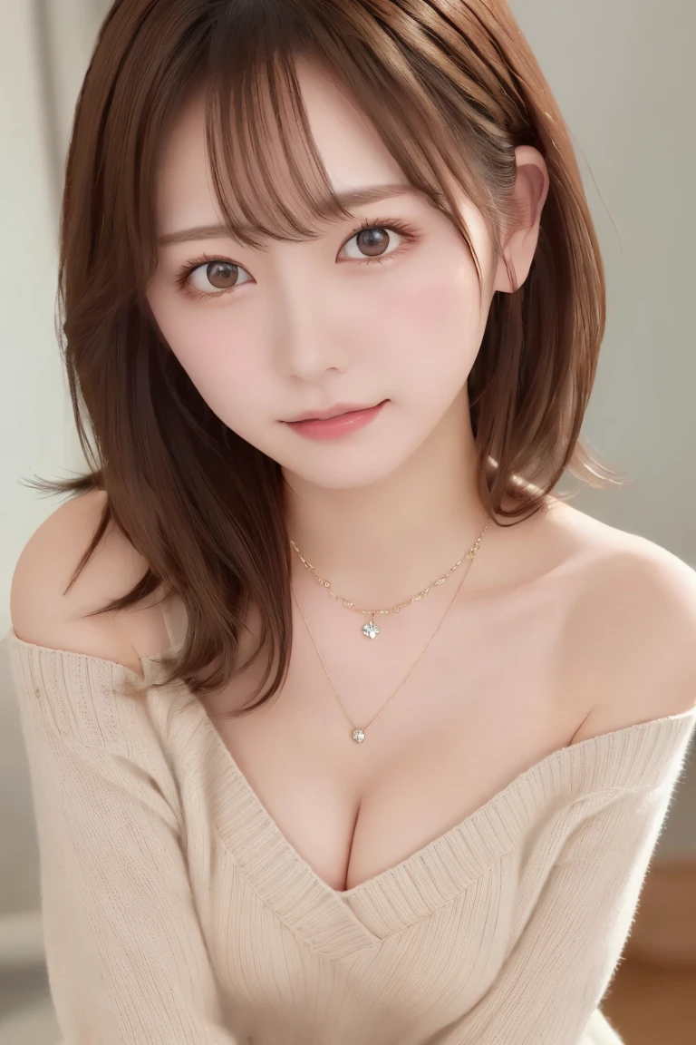   top quality  , ( beautiful)、 beautiful女性、solo、1 person、Precision Eyes、  medium hair 、   brown eyes  、 beige hair color 、Inner Chest、 necklace、off-the-shoulder knitwear、 forward leaning position、slouch、 forward slack 、 cleavage、 upper body