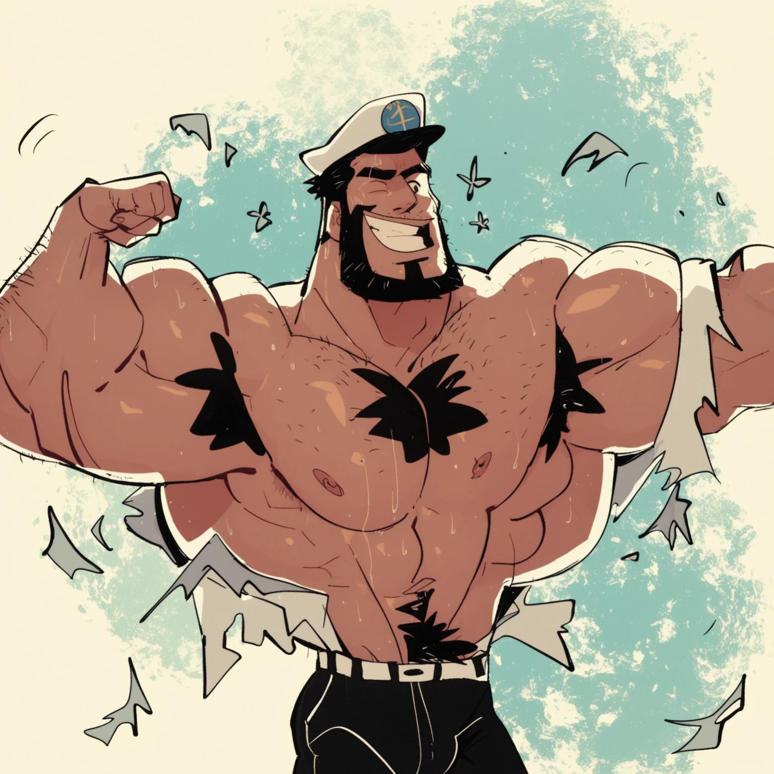 Sea captain flexing huge muscles hairy muscles with bulge in pants. Huge pecs. Very sweaty. Perfect face. Dots for eyes. Ripped shirt, cartoons style