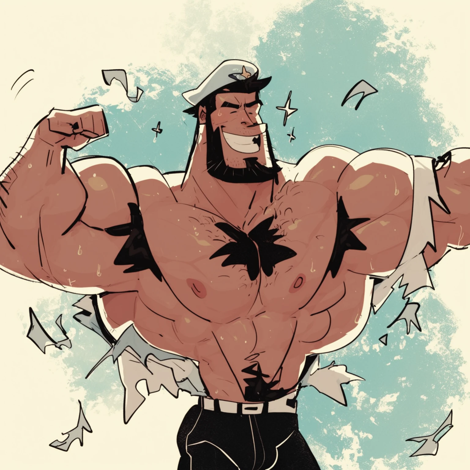 Sea captain flexing huge muscles hairy muscles with bulge in pants. Huge pecs. Very sweaty. Perfect face. Dots for eyes. Ripped shirt, cartoons style