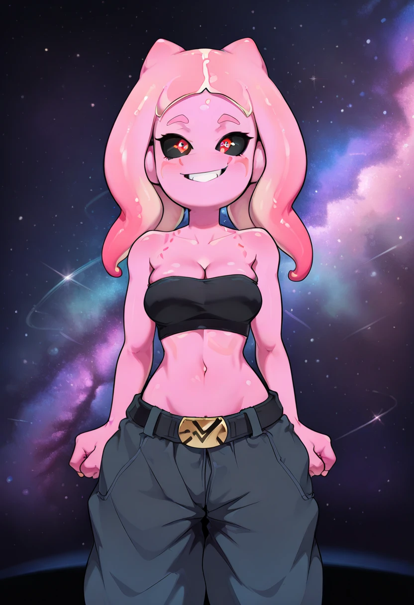 Fmajin,(pink skin:1.1),pink tentacle hair,smiling,(black sclera:1.2),red red eyes,tentacle hair,round ears,
baggypants,belt,black tube top,midriff,cleavage,bare shoulders,alien,M,shouler holes,
standing,no nose,
stars,space,milky way,
(insanely detailed, beautiful detailed face, masterpiece, best quality),solo,