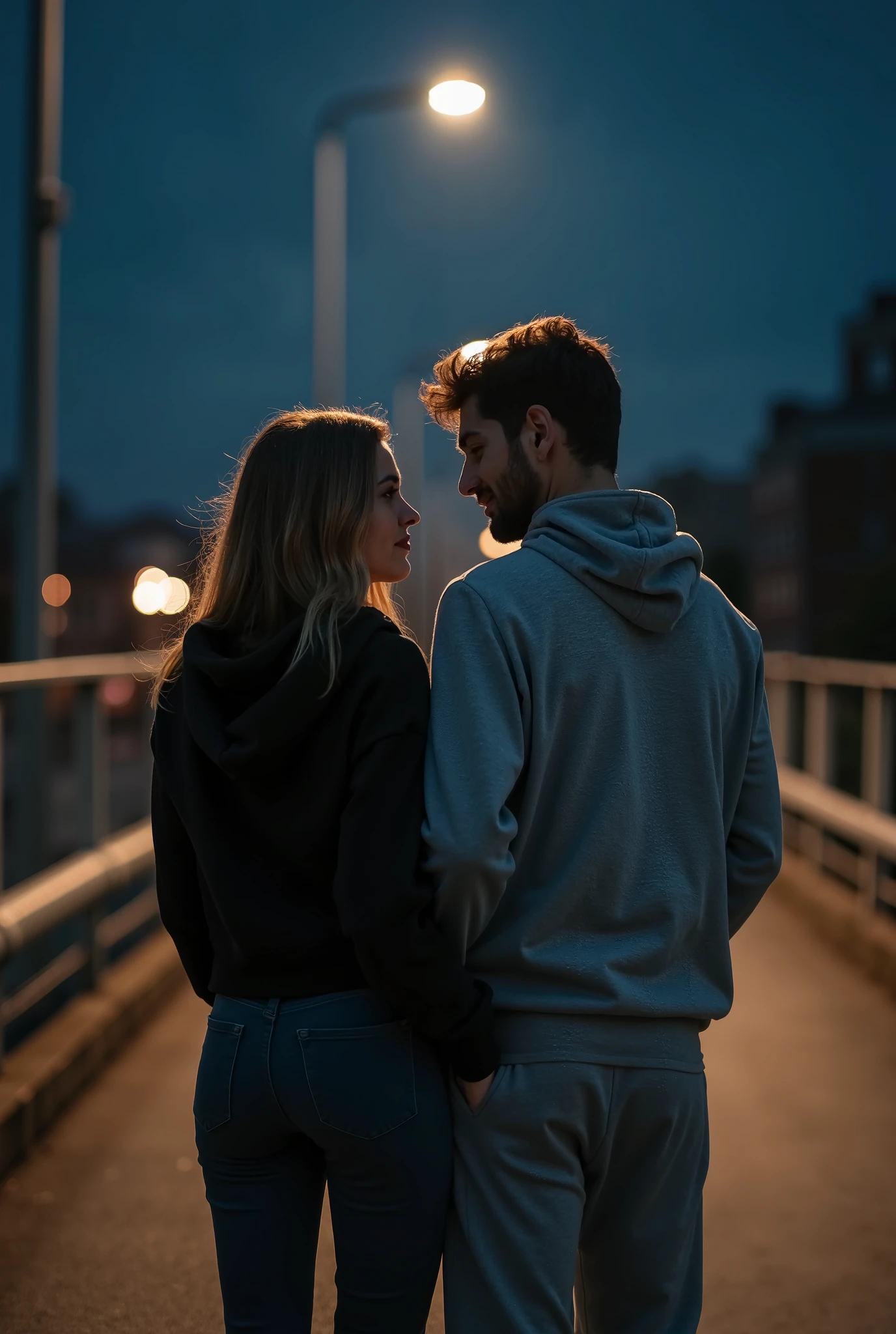 Lovers, back view, lovers holding hands, night view, girl, blonde, medium-length boy, brown hair, man bun
