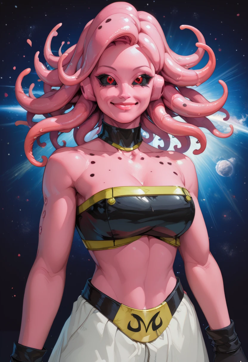 Fmajin,(pink skin:1.1),pink tentacle hair,smiling,(black sclera:1.2),red red eyes,tentacle hair,round ears,
baggypants,belt,black tube top,midriff,cleavage,bare shoulders,alien,M,shouler holes,
standing,no nose,
stars,space,milky way,
(insanely detailed, beautiful detailed face, masterpiece, best quality),solo,