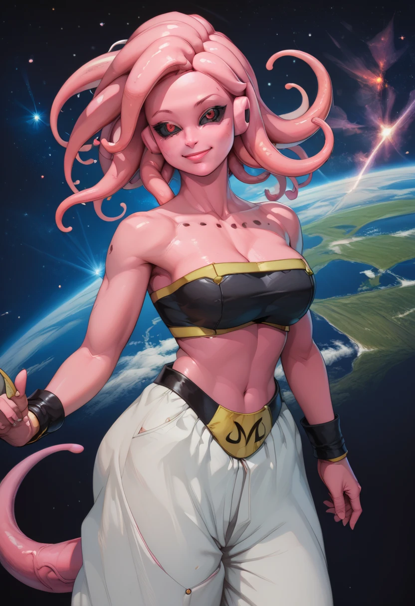 Fmajin,(pink skin:1.1),pink tentacle hair,smiling,(black sclera:1.2),red red eyes,tentacle hair,round ears,
baggypants,belt,black tube top,midriff,cleavage,bare shoulders,alien,M,shouler holes,
standing,no nose,
stars,space,milky way,
(insanely detailed, beautiful detailed face, masterpiece, best quality),solo,