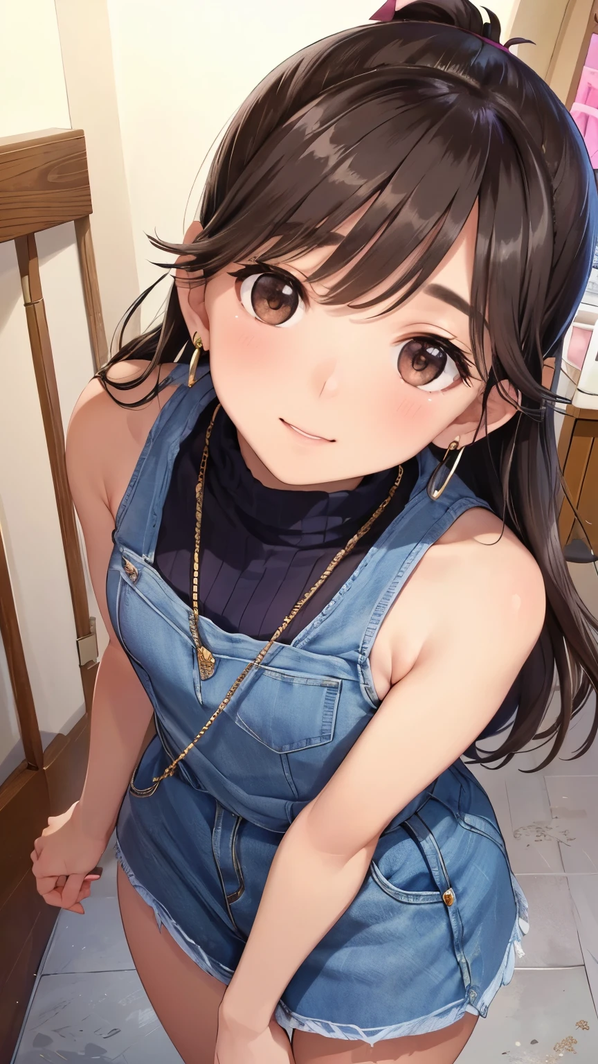 Takane Manaka、   long shiny brown hair、  Ribbon Ponytail 、  beautiful brown eyes 、smile、Sparkling Eyes, (fine grain)、  very detailed eyes、 Very elaborate face ,   very detailed eyes, masterpiece,   top quality ,    high res , (  top quality ,masterpiece:1.2),Alone,Alone、  cowboy shot、
 Light Pink Turtleneck Sleeveless Knit、  Denim Miniskirt  、  20 year old girl  ,  Small chest  、  walking slowly  、 Cityscape, はにかんだsmile、   necklace  、  earrings for a single woman that will tear from her chest in one fell swoop、Small face、Bug's gaze 、 looking up from below 