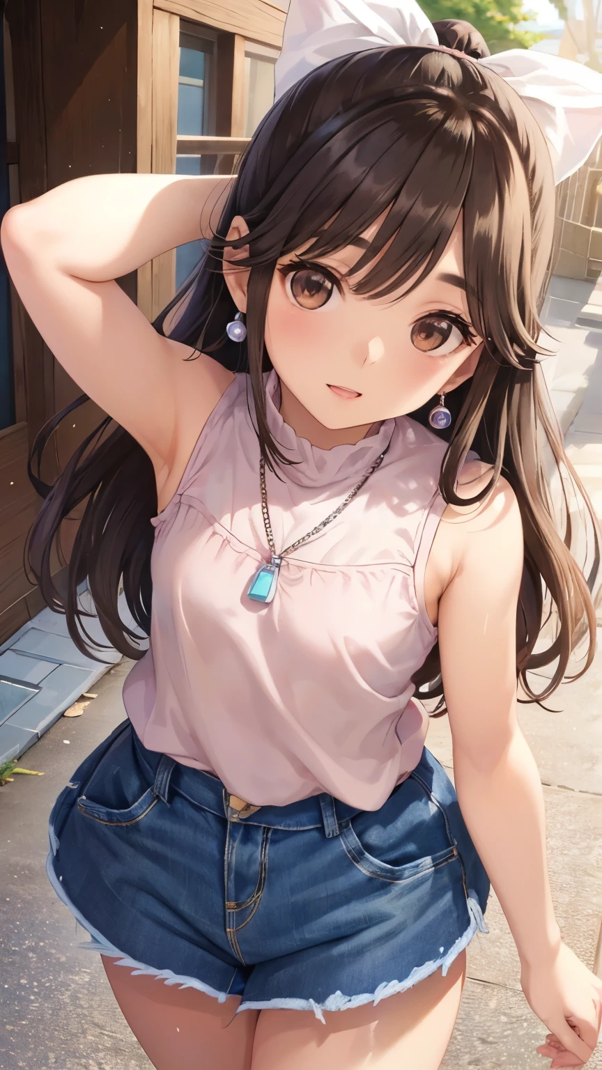 Takane Manaka、   long shiny brown hair、  Ribbon Ponytail 、  beautiful brown eyes 、smile、Sparkling Eyes, (fine grain)、  very detailed eyes、 Very elaborate face ,   very detailed eyes, masterpiece,   top quality ,    high res , (  top quality ,masterpiece:1.2),Alone,Alone、  cowboy shot、
 Light Pink Turtleneck Sleeveless Knit、  Denim Miniskirt  、  20 year old girl  ,  Small chest  、  walking slowly  、 Cityscape, はにかんだsmile、   necklace  、  earrings for a single woman that will tear from her chest in one fell swoop、Small face、Bug's gaze 、 looking up from below 