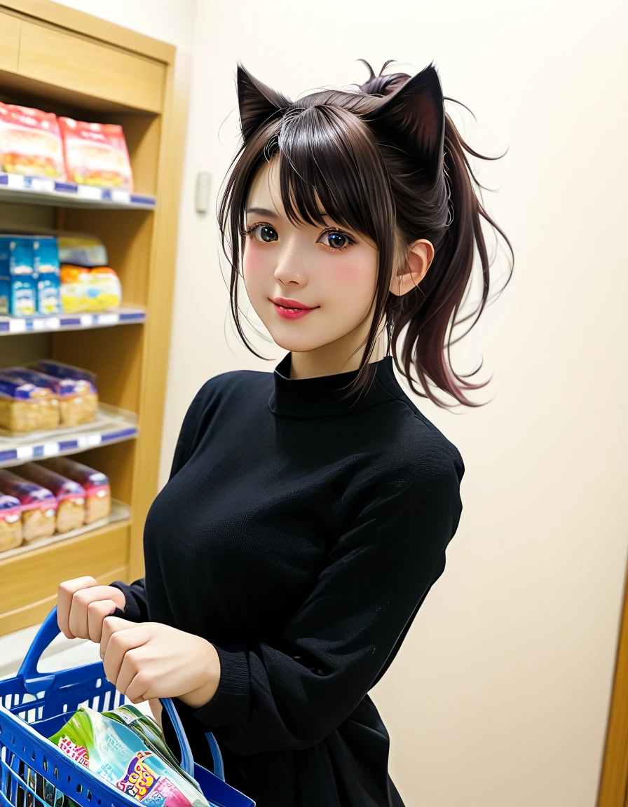 (  realistic  ,photo  realistic  ,photo-  realistic  :1.37),  a small path in a residential area lined with Japanese condominiums 、白Tシャツドレスを着るスコティッシュフォールドの  black cat ((Cait Sith))、 2本足で歩く人間の背丈と同じくらいbody格の良いスコティッシュフォールドの  black cat ((Cait Sith)) body、  small droopy ears  、 Details, Narrow eyes, Half an eye, Half Eye, (The hair on the neck is brown)、 with a shopping basket in her hand  、  Japanese woman in a brown ponytail wearing a gray business suit and carrying shopping bags 、 a woman and a  black cat are watching each other 、  a pleasant scene after shopping at dusk  、飼い猫の  black cat が人間のように振る舞うユーモラスな世界観、  black cat 。