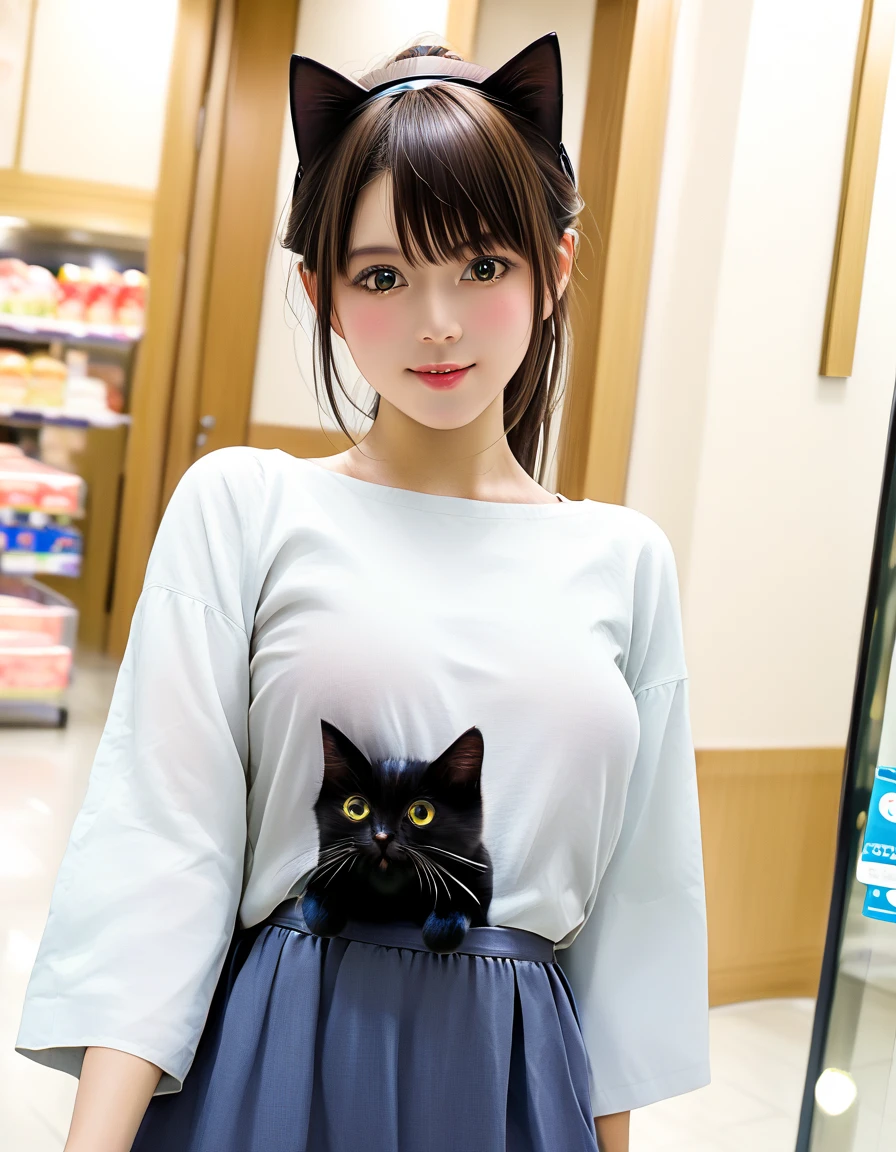 (  realistic  ,photo  realistic  ,photo-  realistic  :1.37),  a small path in a residential area lined with Japanese condominiums 、白Tシャツドレスを着るスコティッシュフォールドの  black cat ((Cait Sith))、 2本足で歩く人間の背丈と同じくらいbody格の良いスコティッシュフォールドの  black cat ((Cait Sith)) body、  small droopy ears  、 Details, Narrow eyes, Half an eye, Half Eye, (The hair on the neck is brown)、 with a shopping basket in her hand  、  Japanese woman in a brown ponytail wearing a gray business suit and carrying shopping bags 、 a woman and a  black cat are watching each other 、  a pleasant scene after shopping at dusk  、飼い猫の  black cat が人間のように振る舞うユーモラスな世界観、  black cat 。