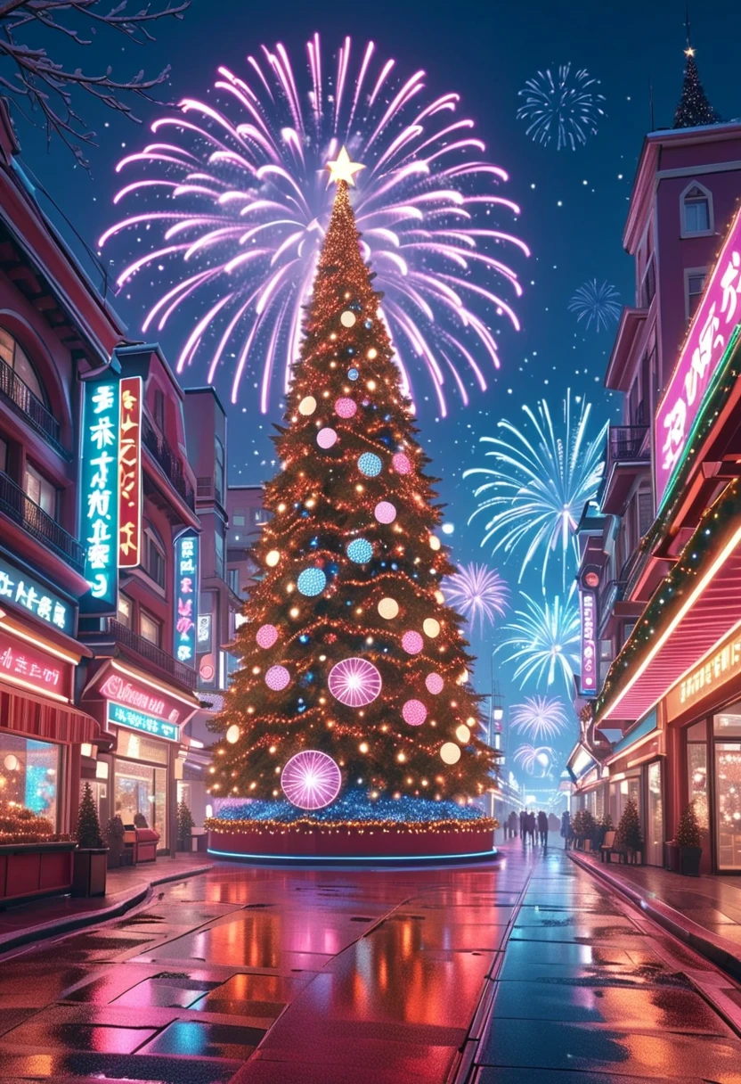  Best Quality ,masterpiece,Night City ,street， Christmas， Christmas Gift ,Light Particles, Light,Christmas tree, neon lights ,fireworks, Self-Deconstructing , surrealism,  Dreamy Scenery , 获奖masterpiece， Incredible details ,  Surreal Vapor Waves  , Critical Space ,  futurism , Wheel lighting ,Octane Rendering,