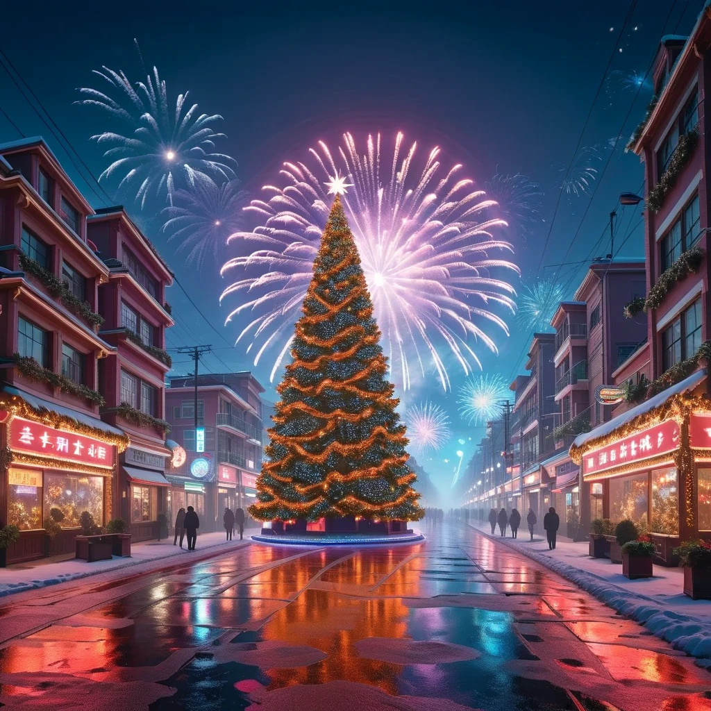  Best Quality ,masterpiece,Night City ,street， Christmas， Christmas Gift ,Light Particles, Light,Christmas tree, neon lights ,fireworks, Self-Deconstructing , surrealism,  Dreamy Scenery , 获奖masterpiece， Incredible details ,  Surreal Vapor Waves  , Critical Space ,  futurism , Wheel lighting ,Octane Rendering,