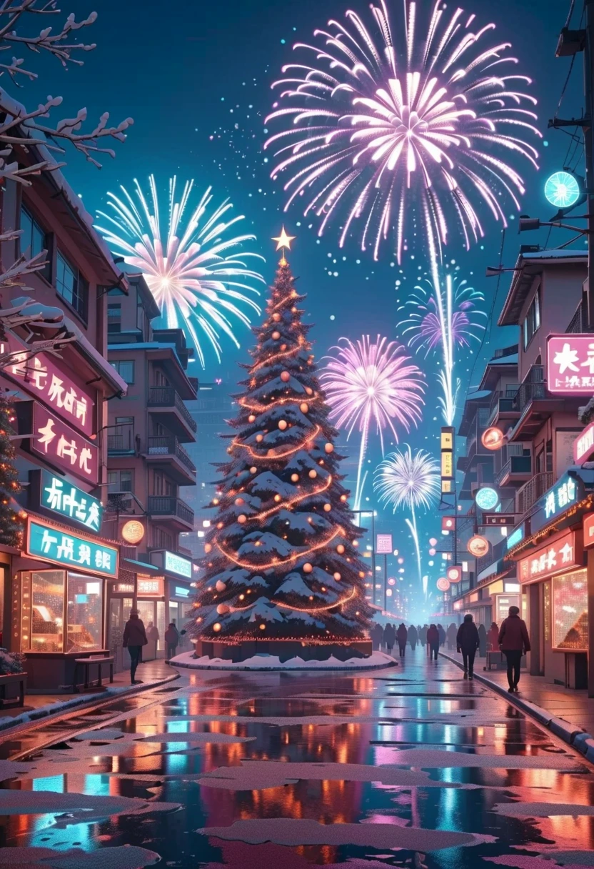  Best Quality ,masterpiece,Night City ,street， Christmas， Christmas Gift ,Light Particles, Light,Christmas tree, neon lights ,fireworks, Self-Deconstructing , surrealism,  Dreamy Scenery , 获奖masterpiece， Incredible details ,  Surreal Vapor Waves  , Critical Space ,  futurism , Wheel lighting ,Octane Rendering,