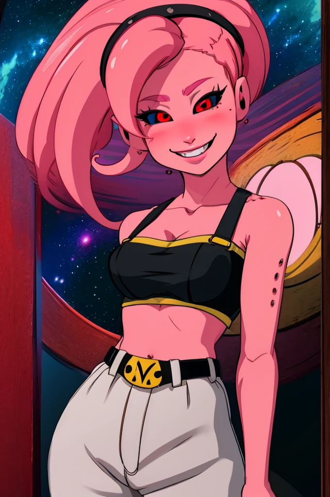 Fmajin,(pink skin:1.1),pink tentacle hair,smiling,(black sclera:1.2),red red eyes,tentacle hair,round ears,
baggypants,belt,black tube top,midriff,cleavage,bare shoulders,alien,M,shouler holes,
standing,no nose,
stars,space,milky way,
(insanely detailed, beautiful detailed face, masterpiece, best quality),solo,