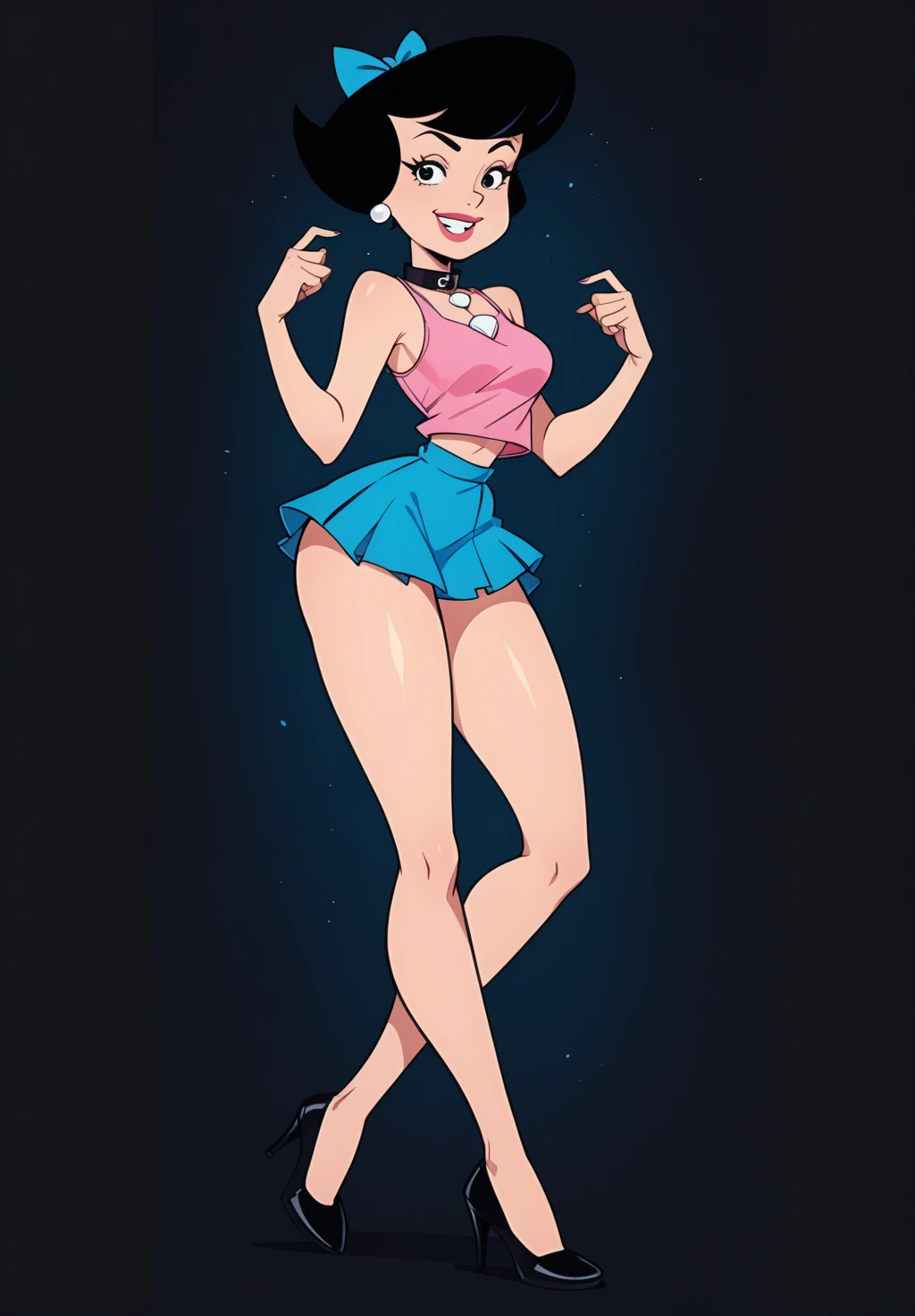  Betty Rubble (flintstone),to smile,  fair skin ,   short black hair,  blue ribbon in hair , collar, ( wears a pink tank top + mini skirt black pencil ,black high heels),   medium breasts,  ,  narrow waist ,     Wide Hips ,   thick thighs  ,   looking at the viewer,  to smile,Alone.,colorful,  standing posing for Facebook ,  dynamic pose style, perfect anatomy , dark background, perfect pose 