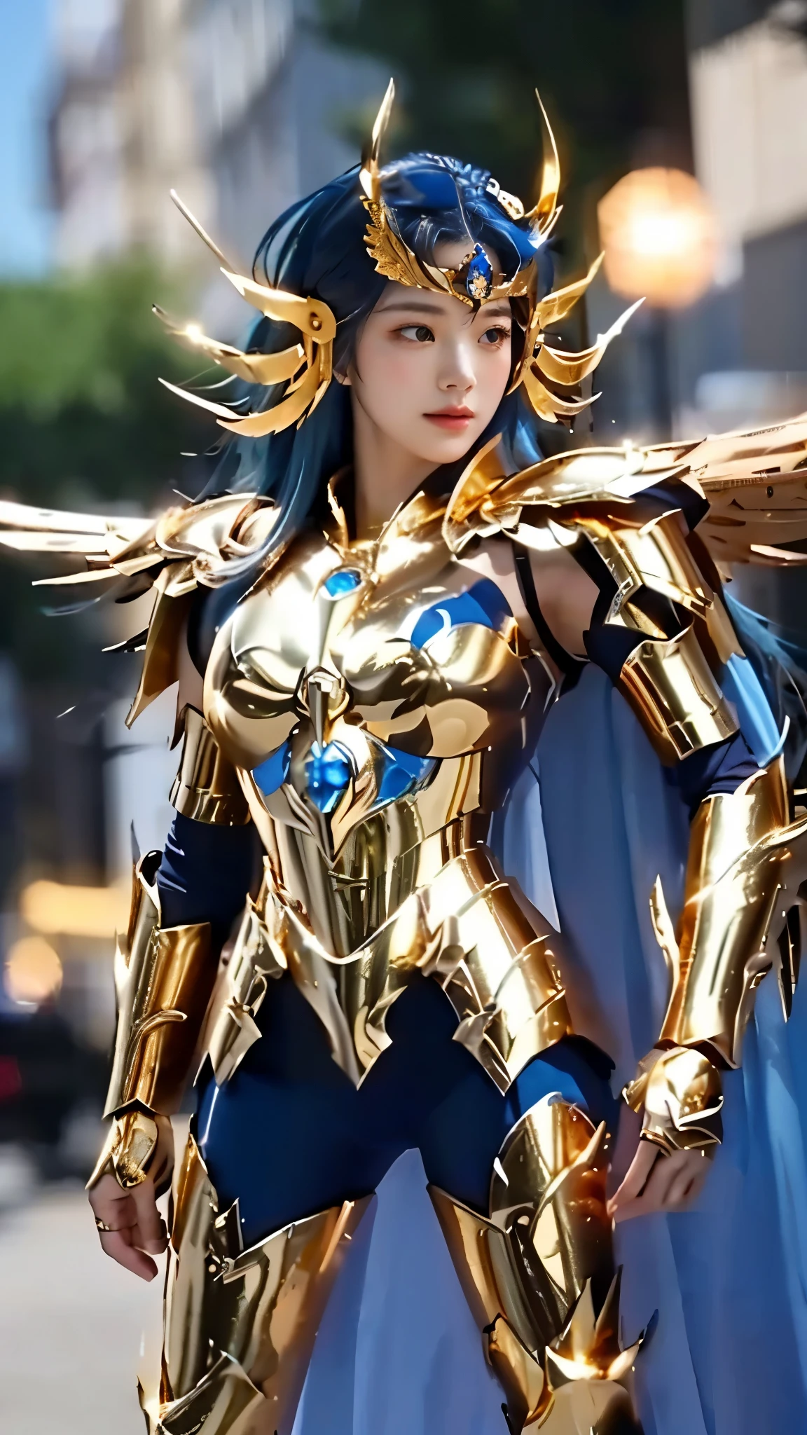 a close up of a person in a costume on a street, knights of zodiac girl, unreal engine render saint seiya, portrait knights of zodiac girl, angelic golden armor, saint seiya, golden armor, wearing gold armor, gold armor, wearing golden armor, gold armour suit, mystical atlantean valkyrie, golden armour, stunning armor, armor girl, beautiful armor, blue hair.