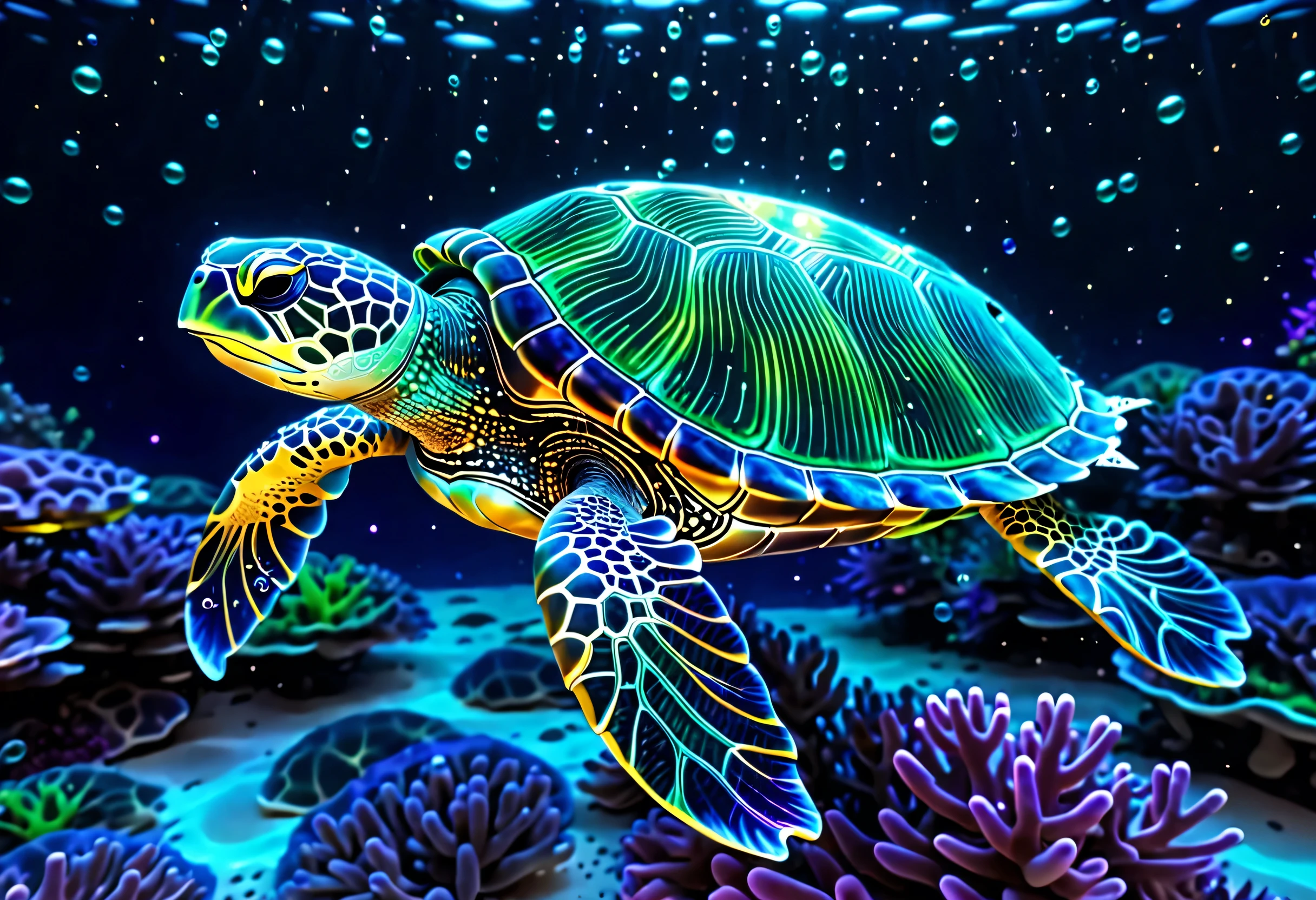 Sea Turtle in the ocean with glowing lights and bubbles, neon Sea Turtle, Sea Turtlees, Sea Turtle fractal, Sea Turtle dancing, space Sea Turtle glowing クラゲ, cyberpunk, Jellyfish elements, phoenix Sea Turtle、Sea Turtle element, hamburger mix Sea Turtle、Sea Turtle, bioluminescent Sea Turtle, Jelly Sea, Amazing depth, Sea Turtle、reflection