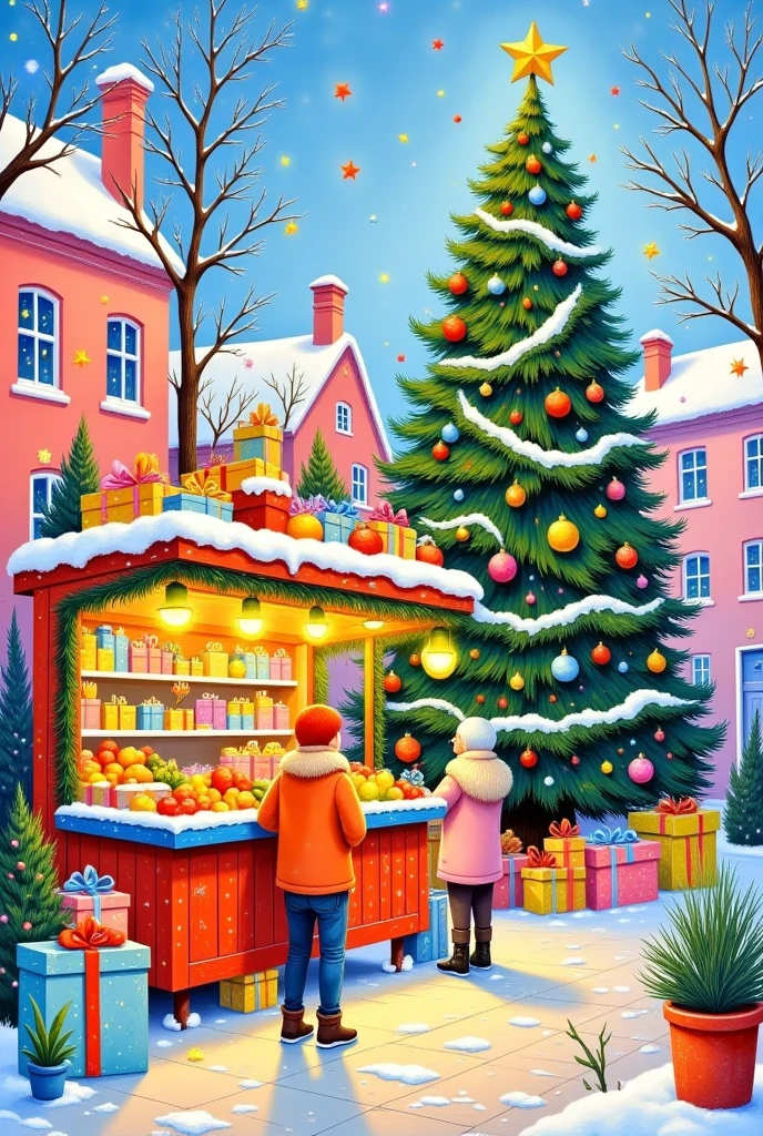  A Christmas tree and a market stall full of gifts , fruit,  vegetables in the snow ,  David Hockney's style .  The painting is brightly colored , Pastel Palette,   and soft brushstrokes  ,  using gouache medium .  The Christmas tree is decorated with colorful lights ,  decorated with greenery .  Warm lights illuminate the booth , The top is full of gifts ,  create a festive Christmas atmosphere on a sunny city street.
