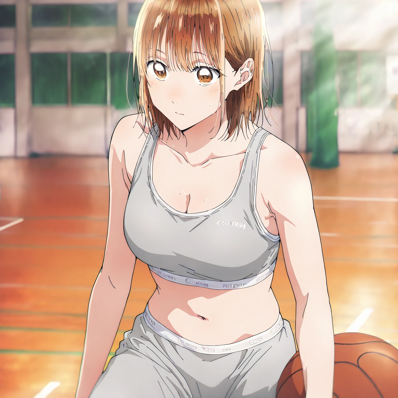   1 girl, Alone, Chinatsu,  Blurred Background,   brown eyes、  sports bra、 Calvin Klein、  spats、  clevis on a stone、belly button、Gym、   basketball only  、 viewers, masterpiece,  top quality,   High Quality ,    very sophisticated  ,   absurd