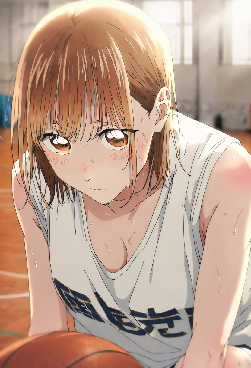       1 girl, Alone, Chinatsu,     Blurred Background,       brown eyes、       basketball uniform with a basketball in one hand 、  shirtless in the lobby、NSFW、      tank top 、Bibs、 Inside is black 、naked 、  Skindent 、   large areolas supporting breasts 、      lean forward     、   put your hands on your knees、      small 、belly button、Gym、       basketball only      、    viewers, masterpiece,  top quality,       High Quality     ,             very aesthetic         ,       absurd、(       sleeveless 、  basketball only      、side、side汗、   blush、 sweaty、Raise your face  、    dribble、Move)、execution、     hopeless、      sweated、In motion、 basketball ring      