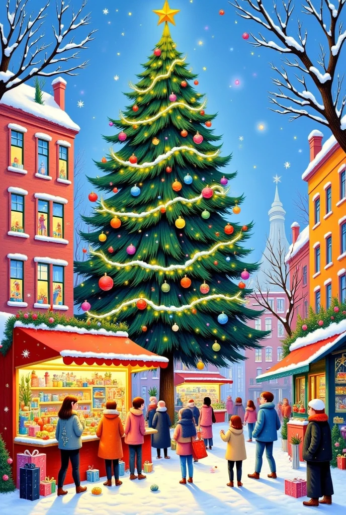  Christmas， bustling streets，Huge Christmas Tree ，crowd，shop