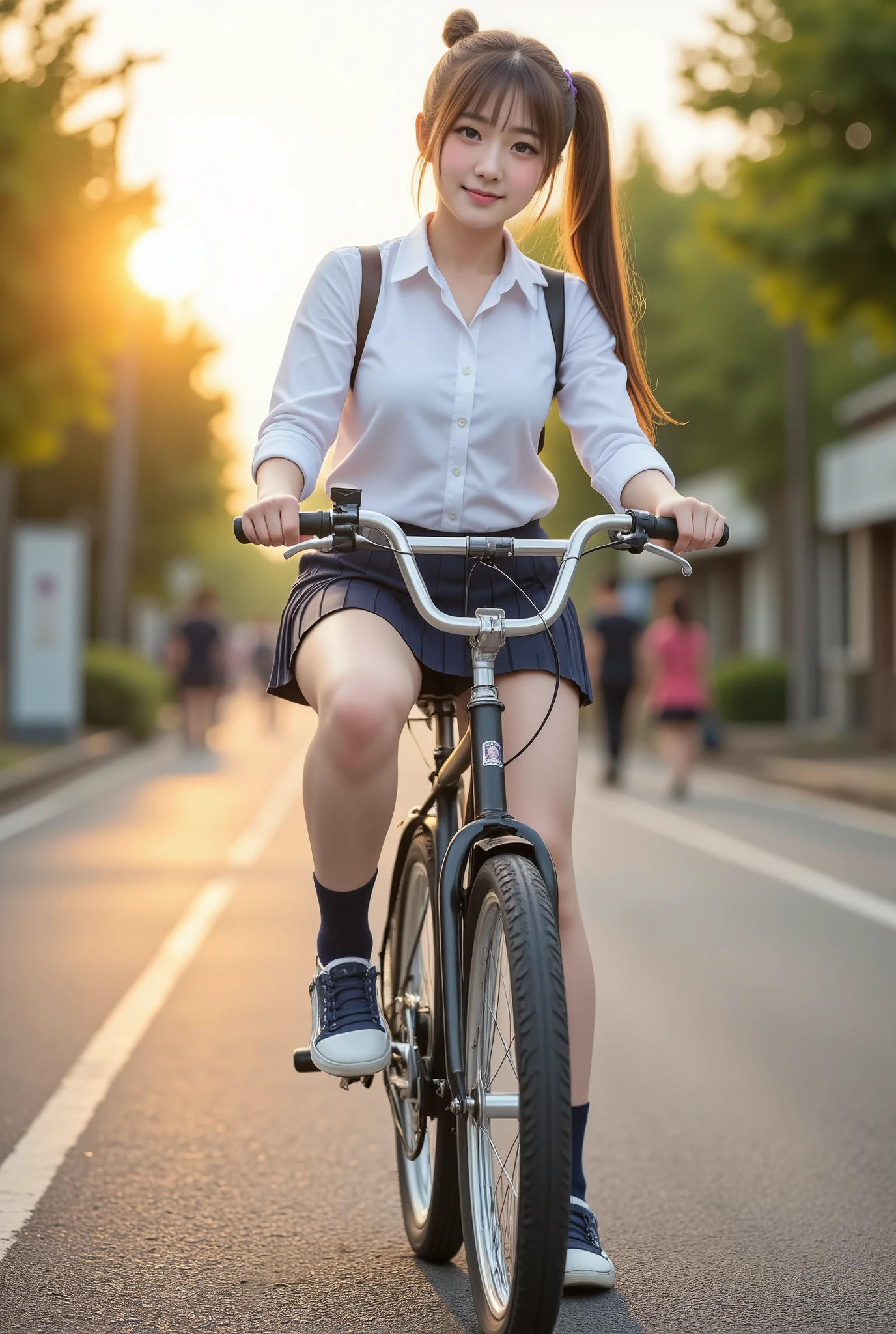 Masterpiece, 8k, Photorealistic, Wallpaper, top-quality, Beautiful Japanese High school girl, Photorealistic, (Plump breast:1.3), Dynamic angle, 
school uniform, Plade Pleated mini skirt, Dark Blue socks, Lofer, Straddling a bicycle, legs spread apart, toes of loafers landing on the ground, Light smile, Blushed face, From below, morning, Ponytail, Sunshine,
