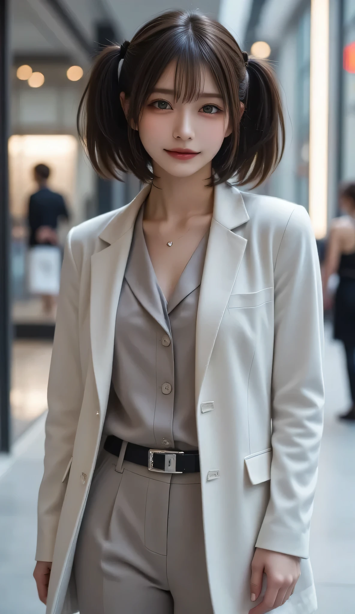 Beautiful girl standing in front of a store in a shopping mall,
(Surreal,High resolution, Very detailed:1.2), (8k), (Beautiful and beautiful eyes, Detailed face:1.2), (highest quality), (Very detailed), (( Mastepiece)),highest quality,Very detailed,
Beautiful woman standing wearing a dark red checked single-breasted blazer ,break, White turtleneck sweater,
High-waisted flared jumper skirt with blue belt, (Ultra-realistic pantyhose), full body shot、
Black Medium Bob, Fine and beautiful eyes, Cute face, bust, Big Boss, Fine and beautiful features, Captivating smile,
Age 25, Mature, Realistic drawing art ,
1 female, (Whole Body Ezbian:1.2),(頭からbustへの画像スコープ),