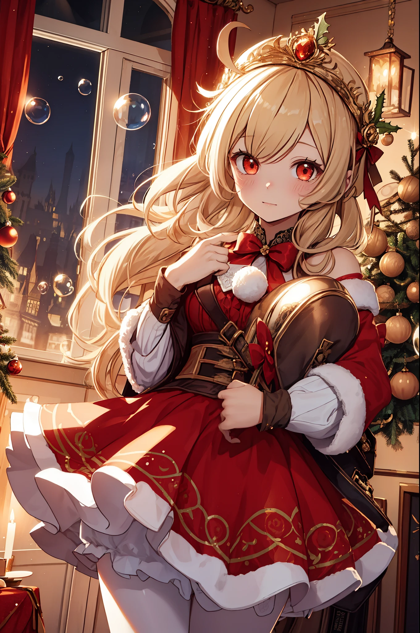 Girl, charming,gorgeous,In Love ,sacred,( Christmas padded jacket,Warm clothing,Little bubble skirt ),blond,klee, red eyes, Minimalism , Multi-layer exquisite ruffles ,Lots of Lace,( Lines on clothes :1.2),( Exquisite clothing :1.1),(Multi-layer Skirt ),Princess Crown, Perspective tulle garment , Beautiful detailed face , Bedroom scene in Western mythology, movie lights ,night,Single, Metallic Decoration ,lace,(shine:1.2), ( Best Quality ), (masterpiece:1.2)