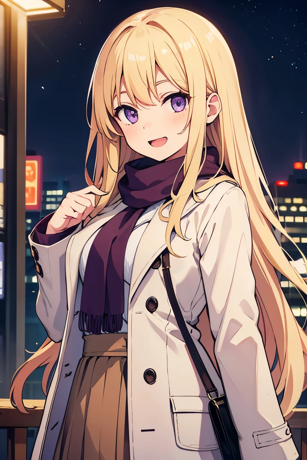  　１４age　 A Cup Breasts　Blonde　 long hair　 gal　 purple eyes　Smiling face with slightly open mouth （（One person））　White scarf around neck　brown coat with upper body boa　 Longer Skirt 　 brown long boots 　 downtown at night　 standing　 from the front