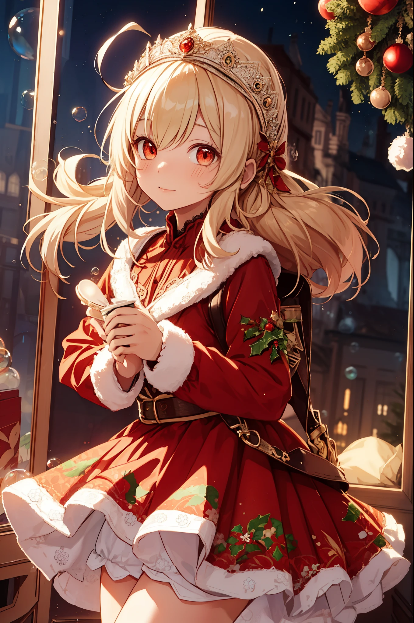  Girl， charming，gorgeous，In Love ，sacred，( Christmas padded jacket，Warm clothing，Little bubble skirt )，blond，klee， red eyes，  Minimalism  ， Multi-layer exquisite ruffles ，Lots of Lace，( Lines on clothes :1.2)，( Exquisite clothing :1.1)，(Multi-layer Skirt ),Princess Crown， Perspective tulle garment ， Beautiful detailed face ， Bedroom scene in Western mythology， movie lights ，night，Single， Metallic Decoration ，lace,(shine:1.2), ( Best Quality ), (masterpiece:1.2)