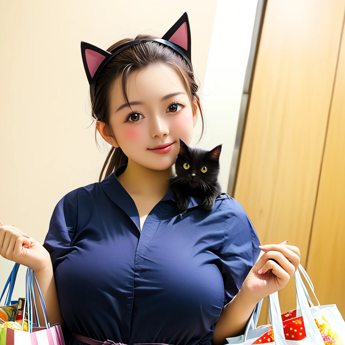 (  realistic  ,photo  realistic  ,photo-  realistic  :1.37), (1.Fat black cat Demi Human ), (1. Japanese women),  a small path in a residential area lined with Japanese condominiums 、白Tシャツドレスを着るスコティッシュフォールドの  black cat ((Cait Sith))、 2本足で歩く人間の背丈と同じくらいbody格の良いスコティッシュフォールドの  black cat ((Cait Sith)) body、  small droopy ears  、 Details, Narrow eyes, Half an eye, Half Eye, (The hair on the neck is brown)、 with a shopping basket in her hand  、  Japanese woman with brown ponytail is wearing a gray business suit and carrying shopping bags 、 a woman and a  black cat are watching each other 、  a pleasant scene after shopping at dusk  、飼い猫の  black cat が人間のように振る舞うユーモラスな世界観、  black cat 。