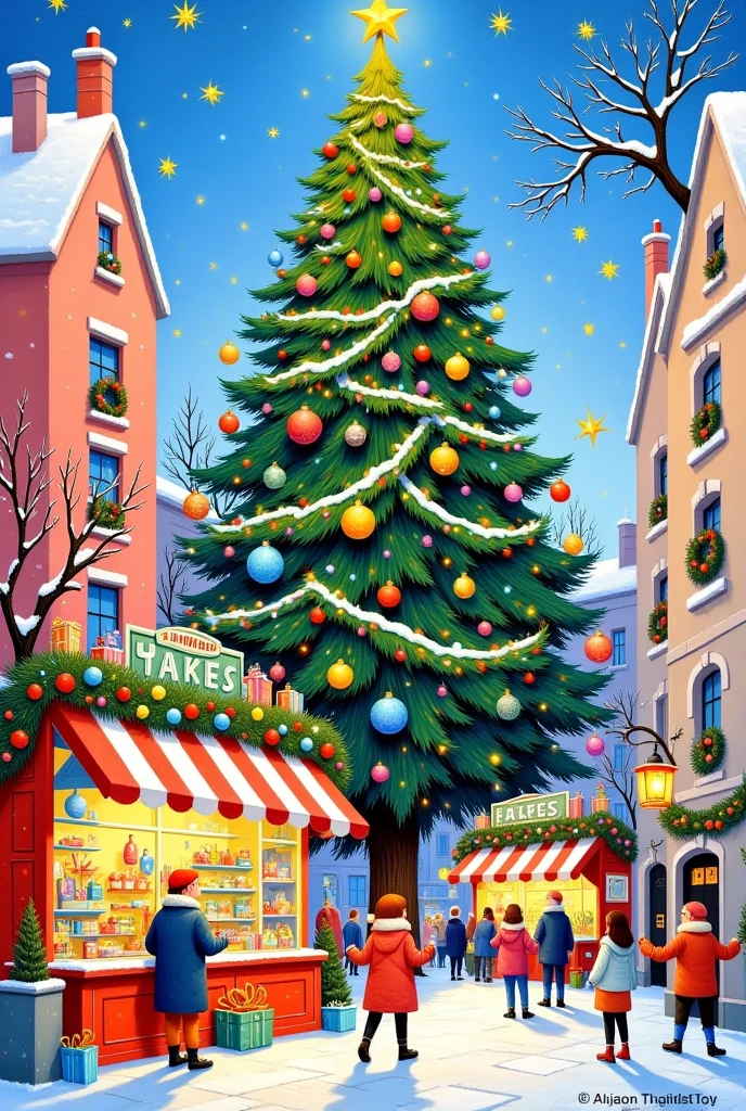  Christmas， A huge Christmas tree on the street，Stores and lively crowds 