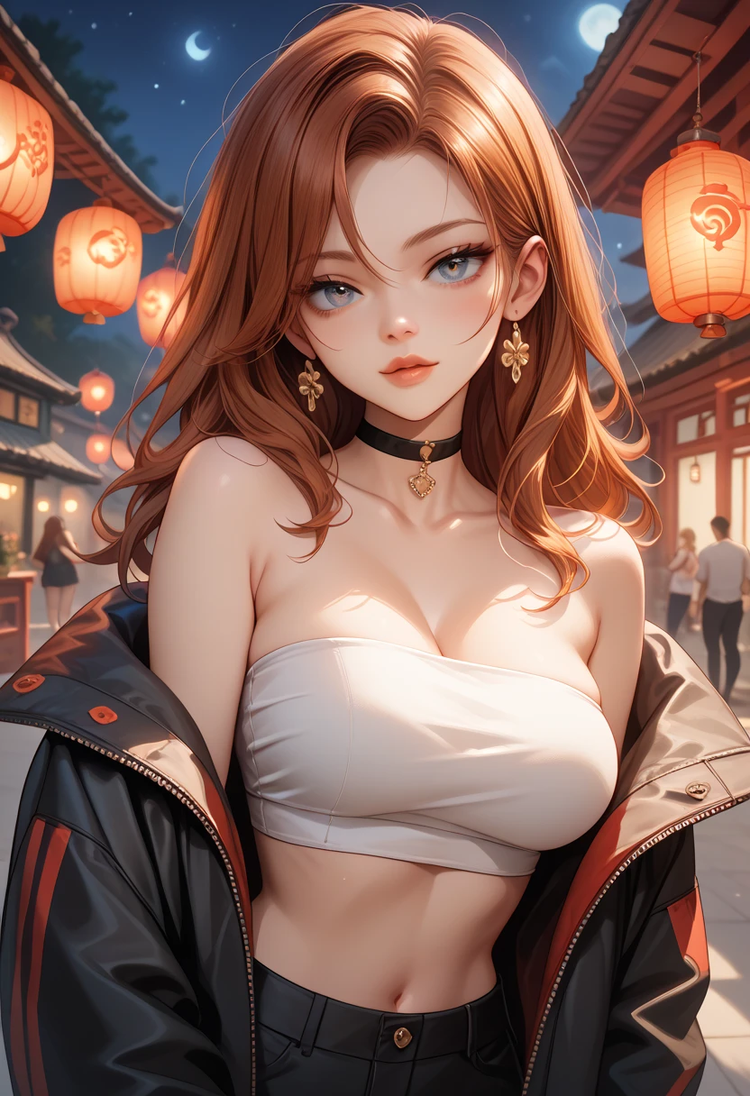 Chinese woman, Intimate, busty, long auburn hair, feeling , in love, wearing jacket with white inner strapless midriff tubetop , black choker, at a backyard patio at night lantern and torches all around. Flickering warm lighting