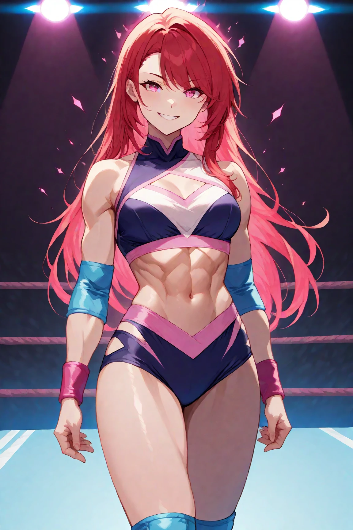 A confident Japanese female professional wrestler struts down the arena in a vibrant and intricate red wrestling costume, designed with sleek lines and details that accentuate her toned physique. Her long, flowing medium red hair moves dynamically with each step, radiating energy. Her smile is infectious, adding to the aura of self-assurance as she steps into the spotlight. The vibrant atmosphere of the arena, illuminated by bright spotlights, pulses with excitement, capturing the drama and energy of this unforgettable moment.